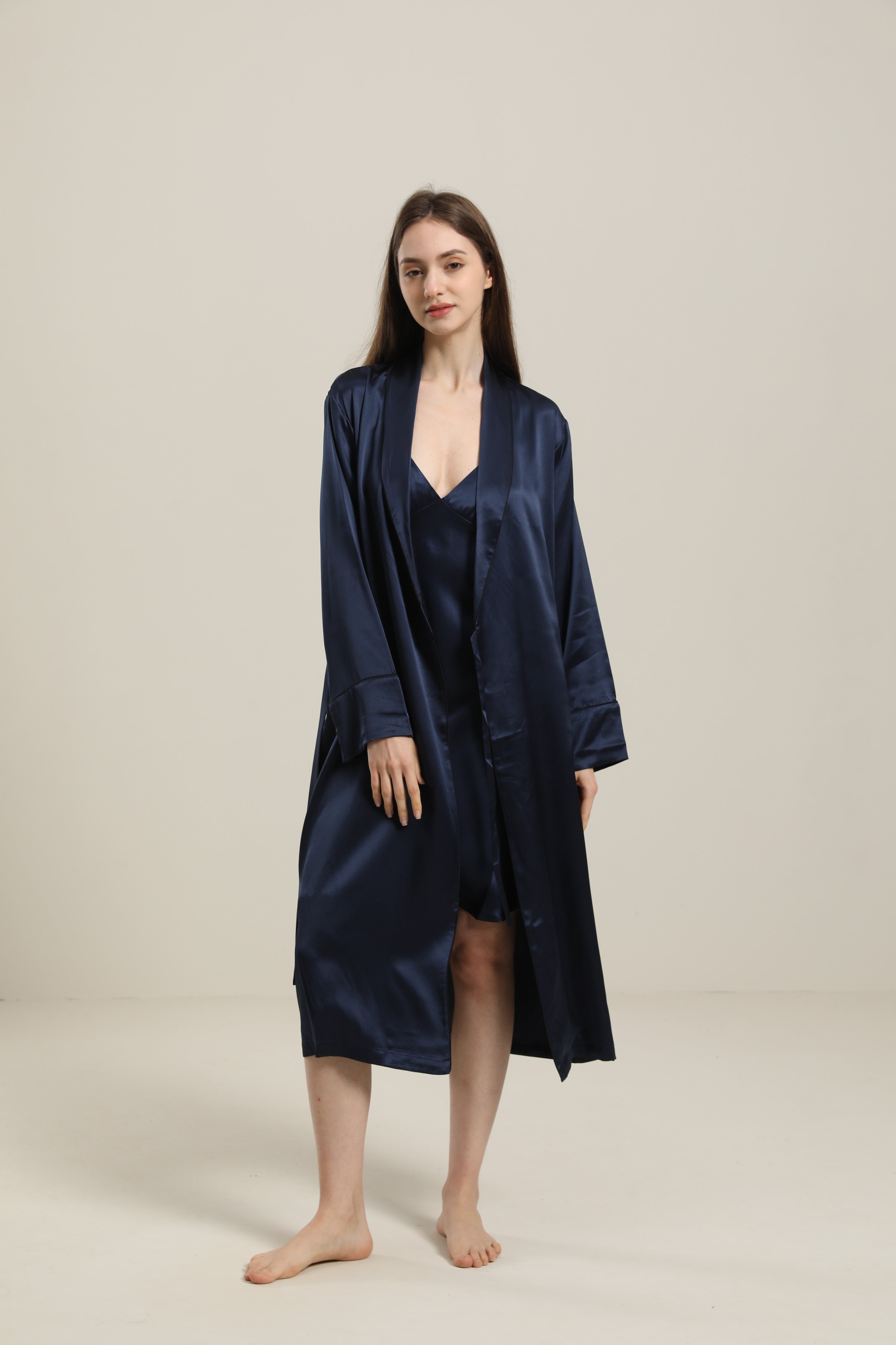 22 Momme Contra Trim And Full Length Silk Robe, Navy