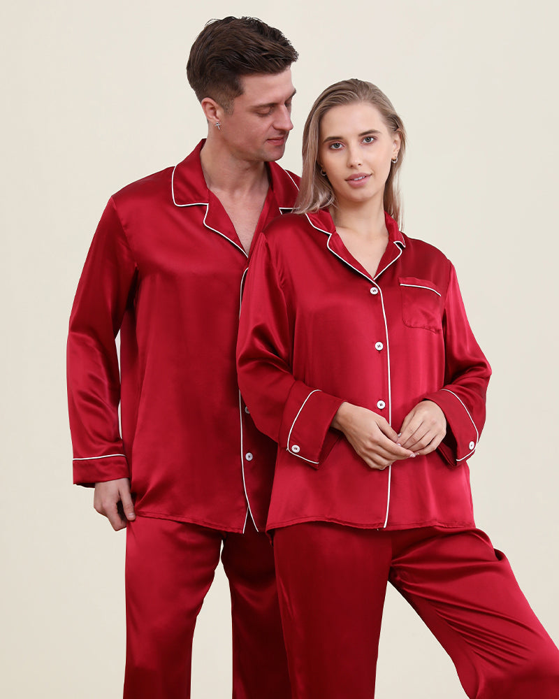 Classic Long Silk Pajamas for Couple, Burgundy