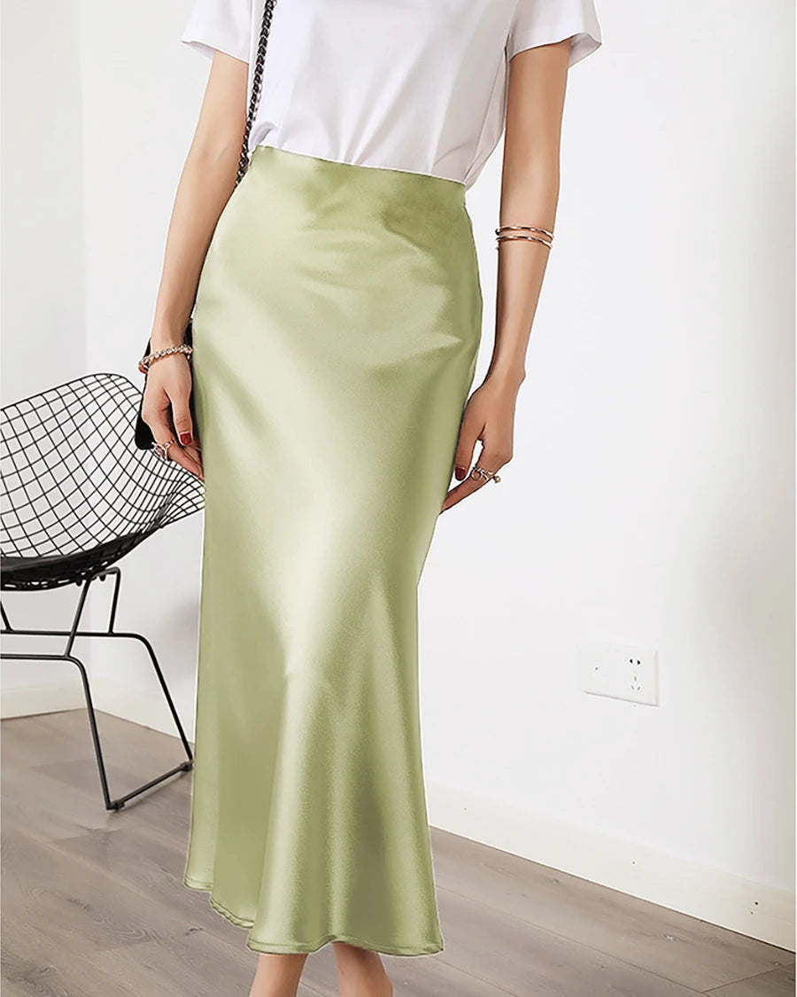 Versatile Silk Midi Skirts with Elastic Waistband, Light Green