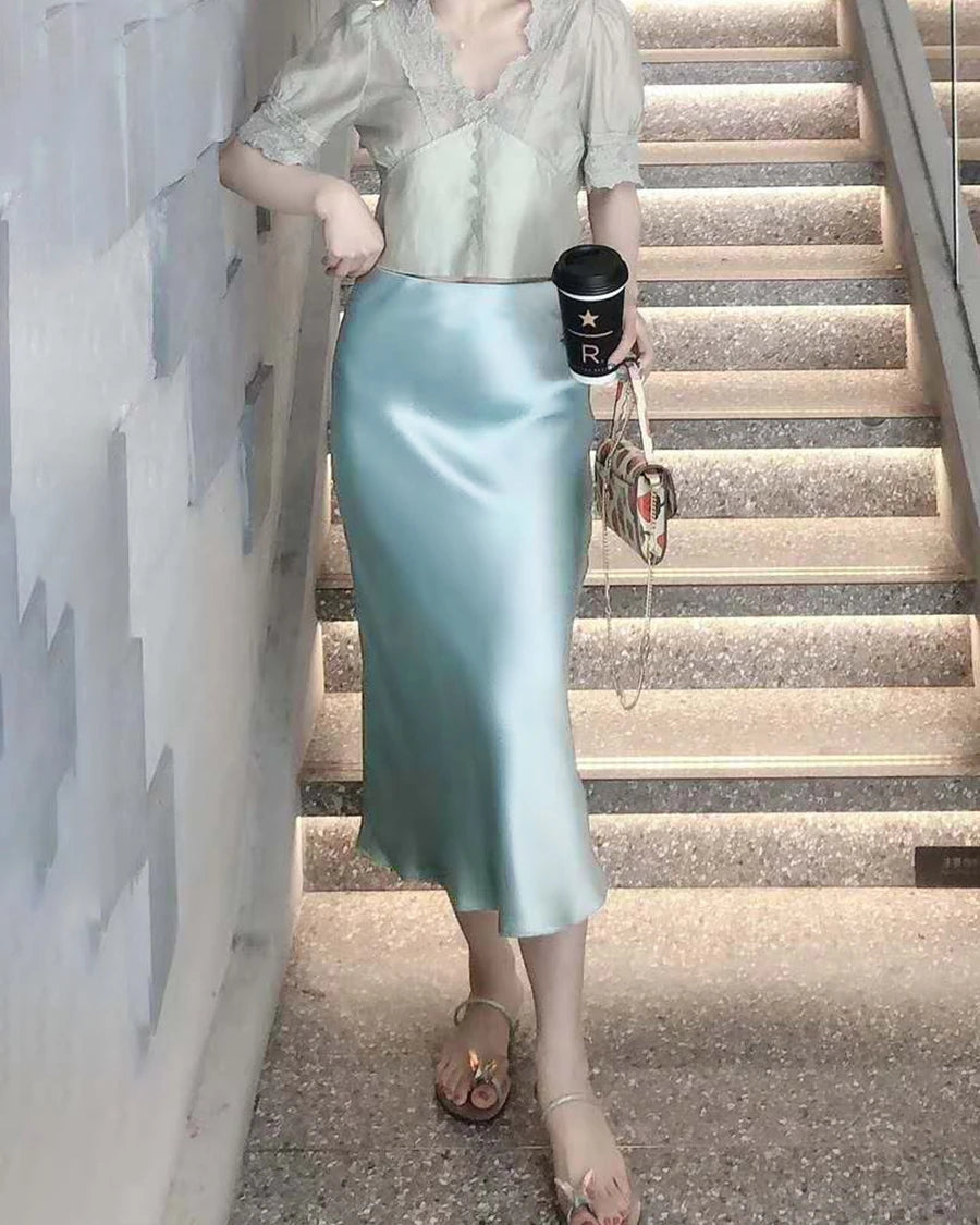 Versatile Silk Midi Skirts with Elastic Waistband, Haze Blue