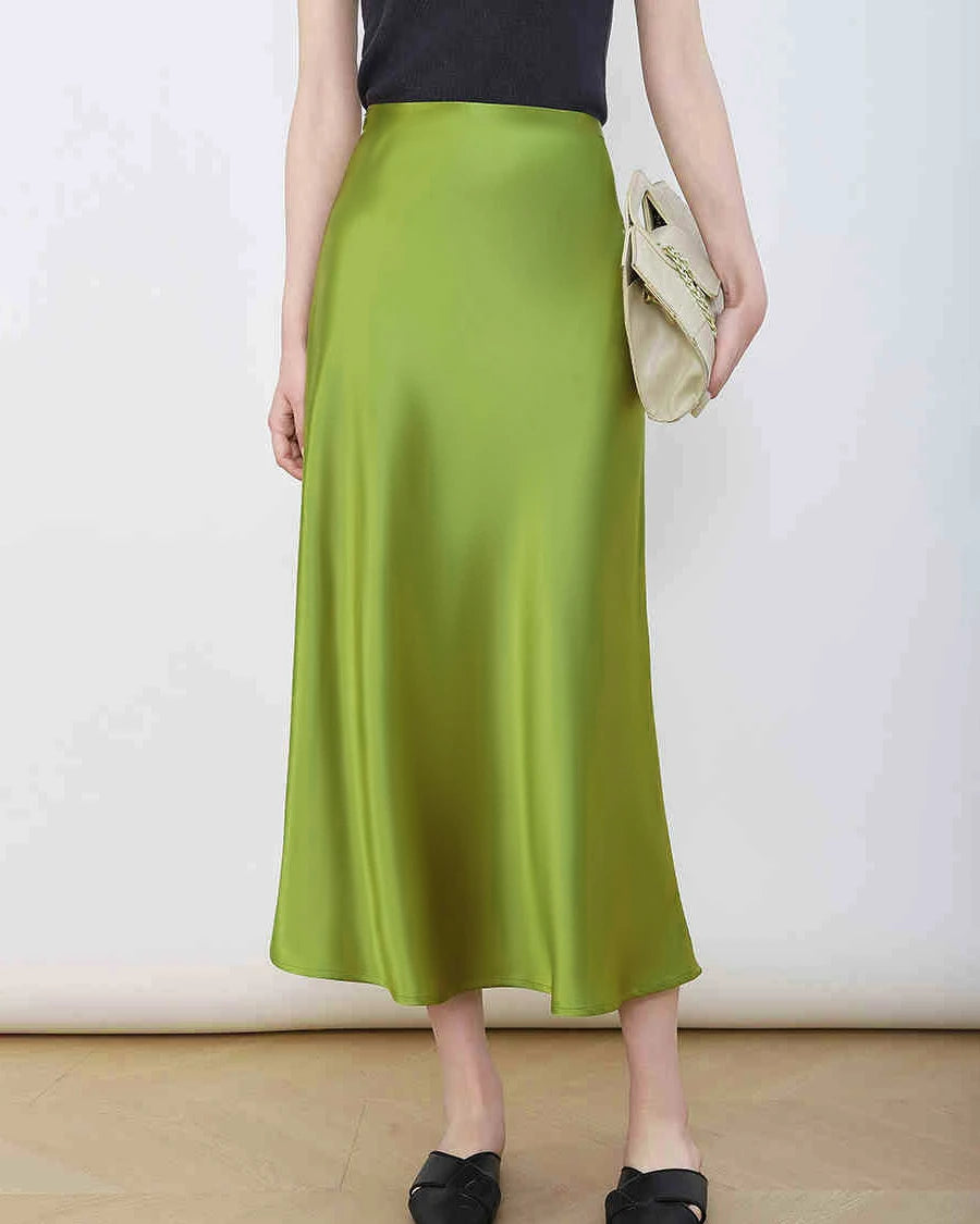 Versatile Silk Midi Skirts with Elastic Waistband, Mustard Green