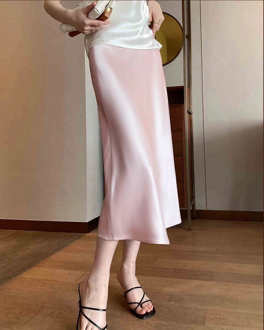 Versatile Silk Midi Skirts with Elastic Waistband, Pink