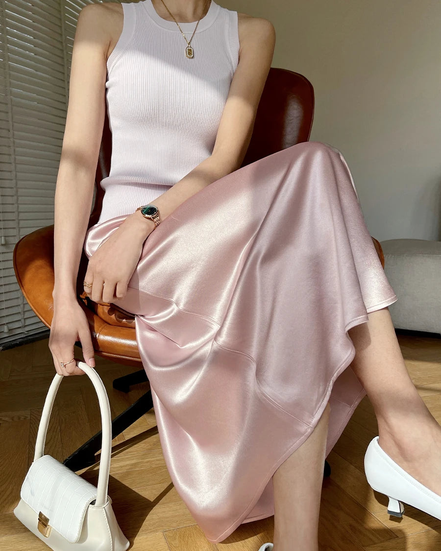 Versatile Silk Midi Skirts with Elastic Waistband, Pink