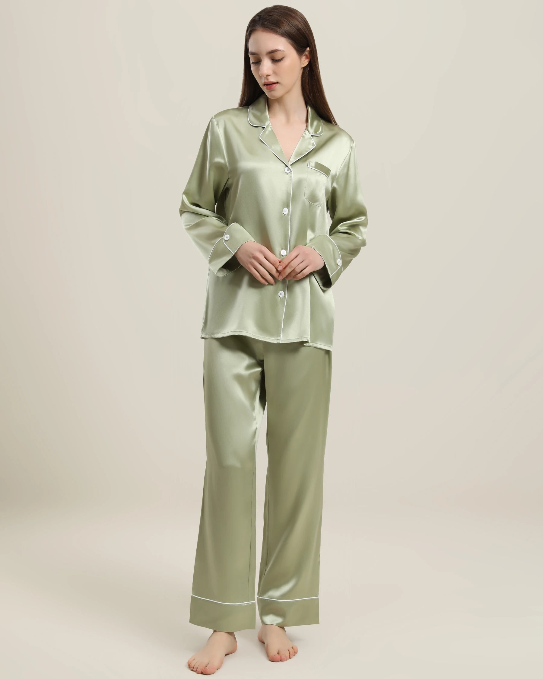22 Momme Classic Silk Pajamas Set Avocado Green