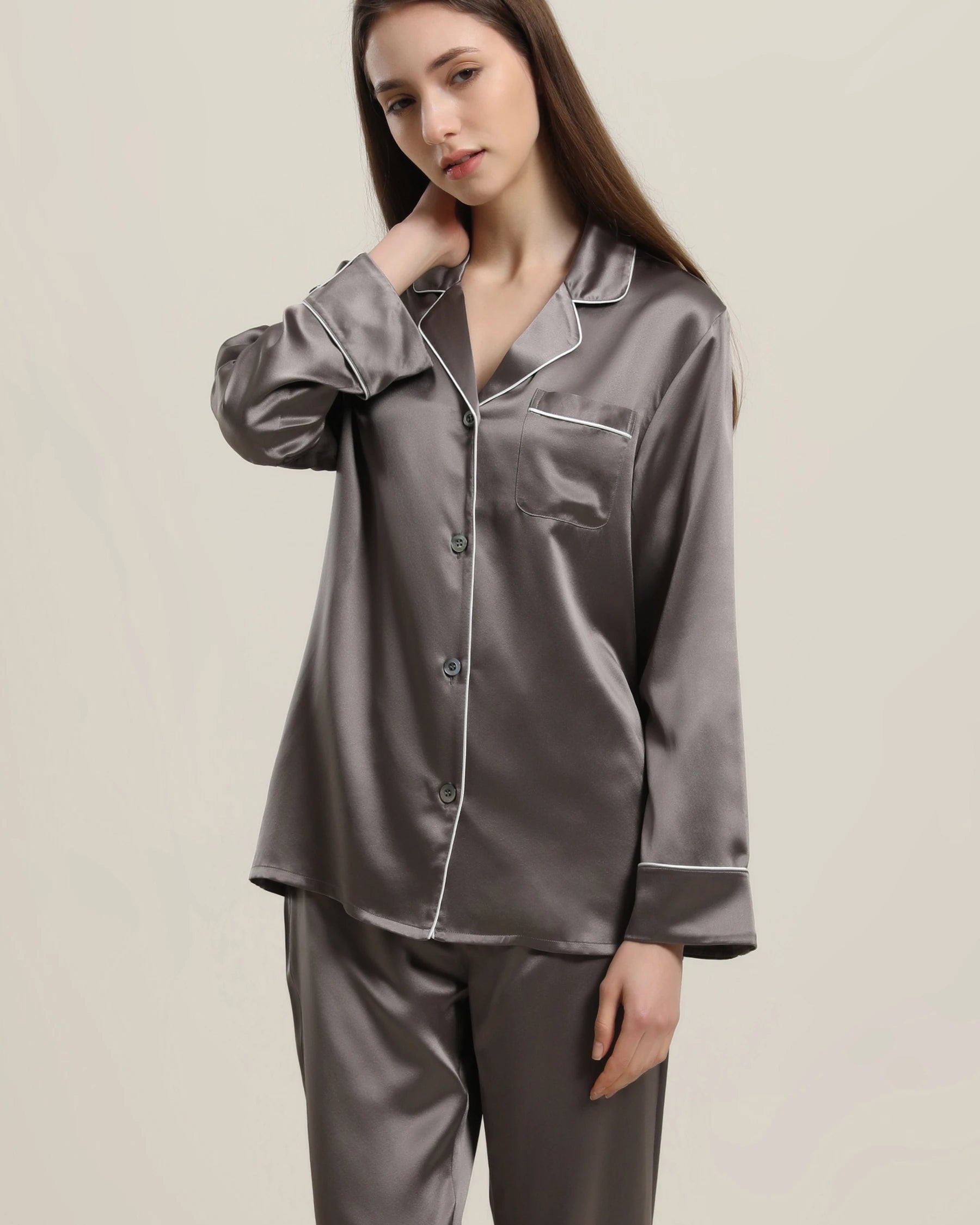 22 Momme Classic Silk Pajamas Set Dark Grey