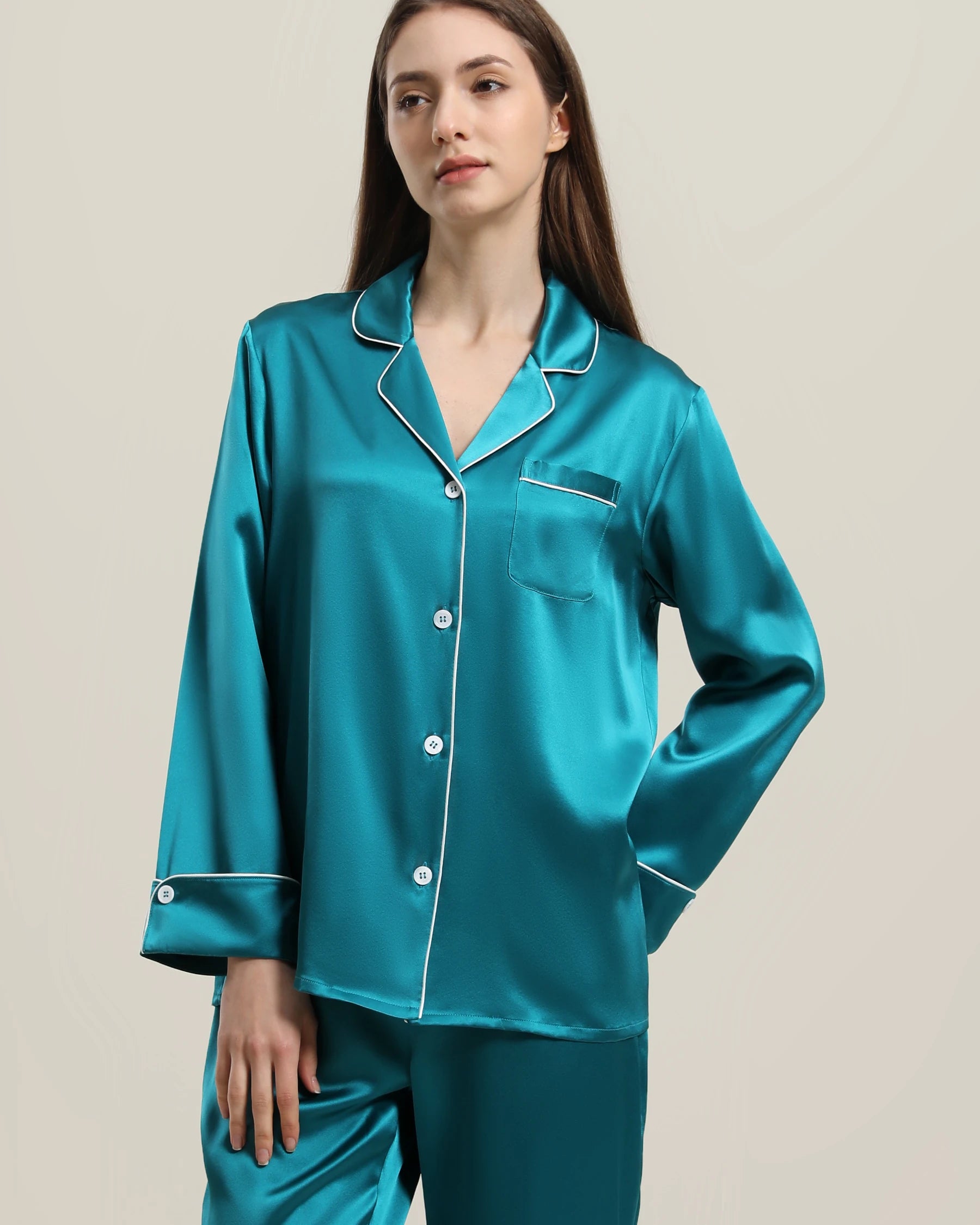 22 Momme Classic Silk Pajamas Set Peacock Blue