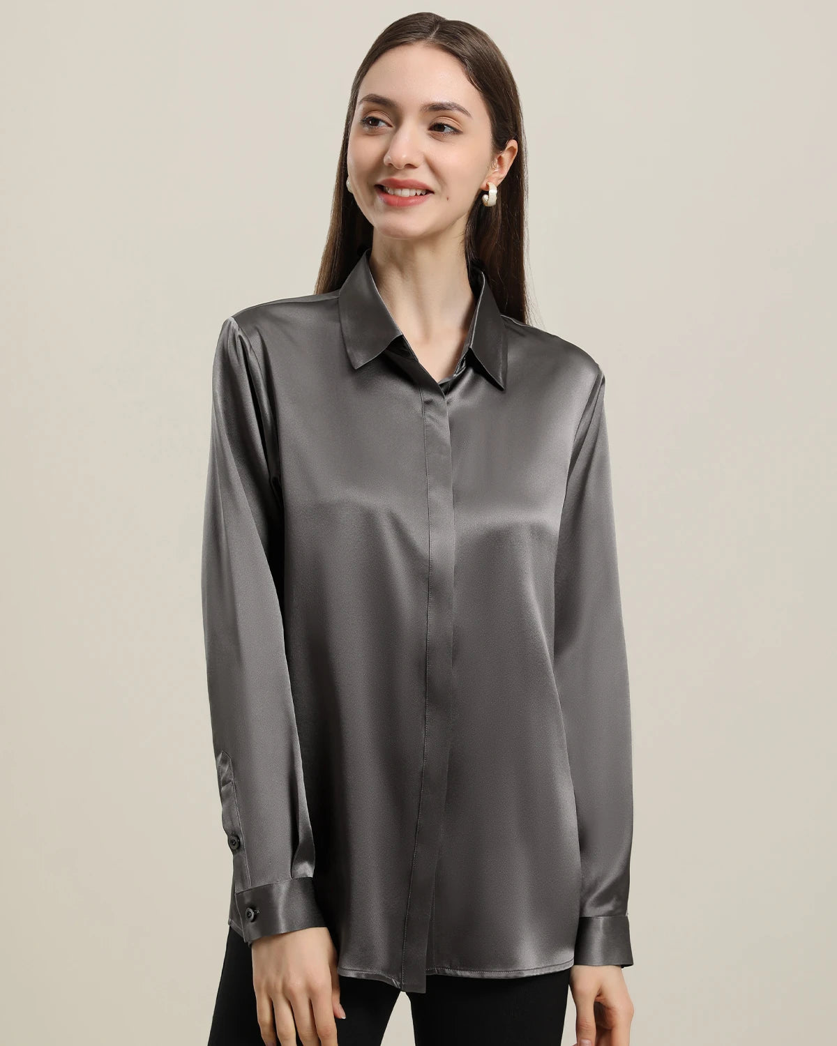 Women's Basic Concealed Silk Shirt Dark Grey