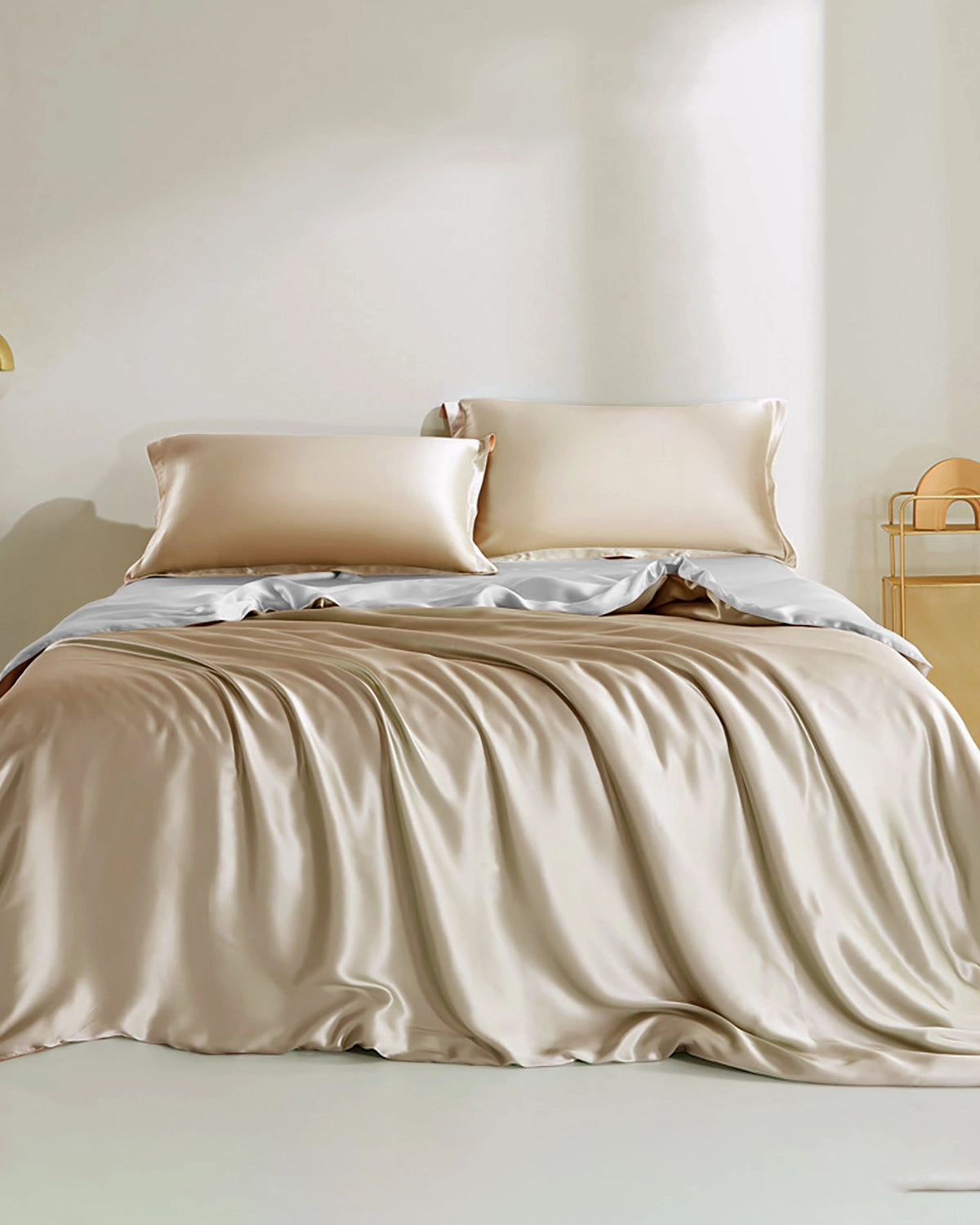 Double Color Silk Bedding Set 4PCS, Champagne, Silver
