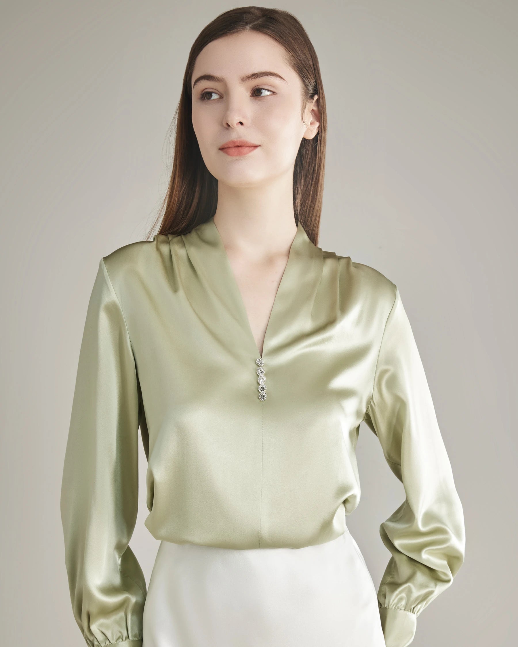 Silk Blouse V-neck Shirt Top for Women Avocado Green