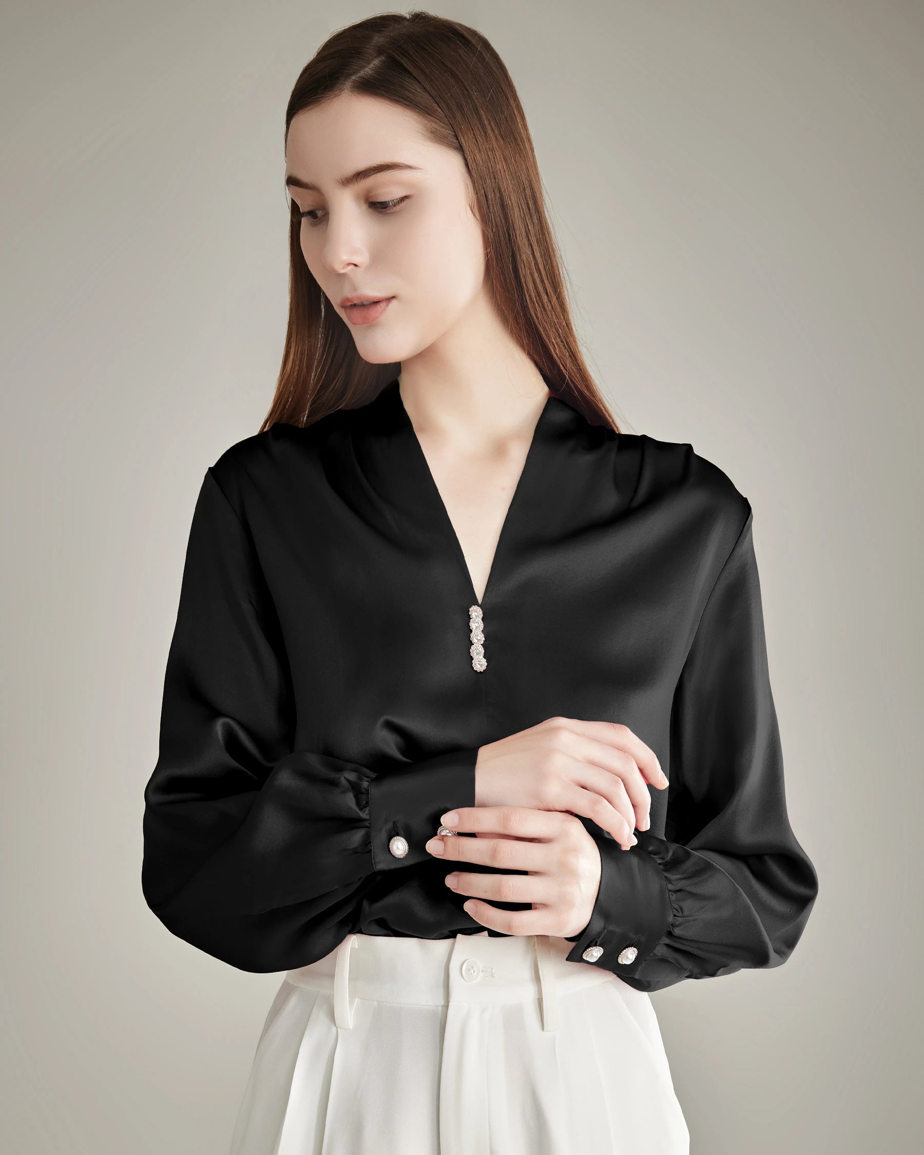 Silk Blouse V-neck Shirt Top for Women Black
