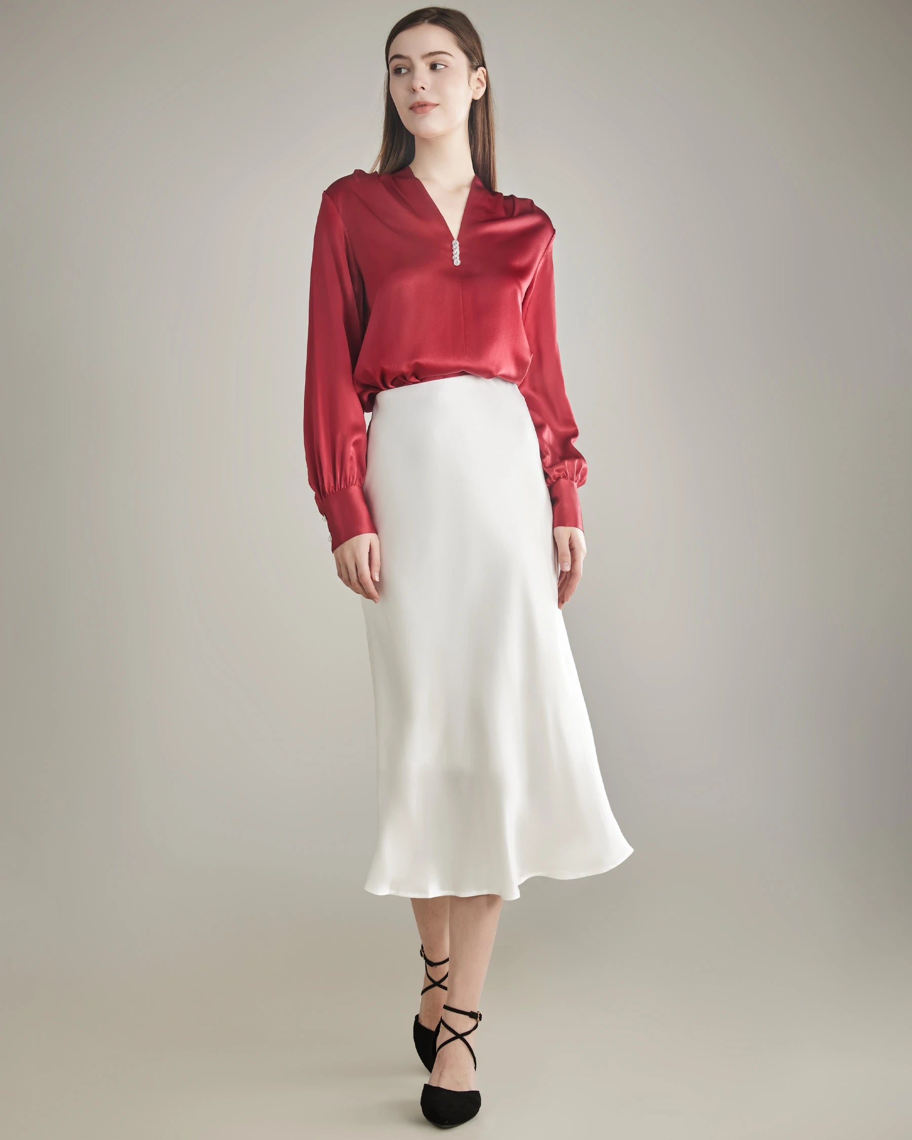 Silk Blouse V-neck Shirt Top for Women Burgundy