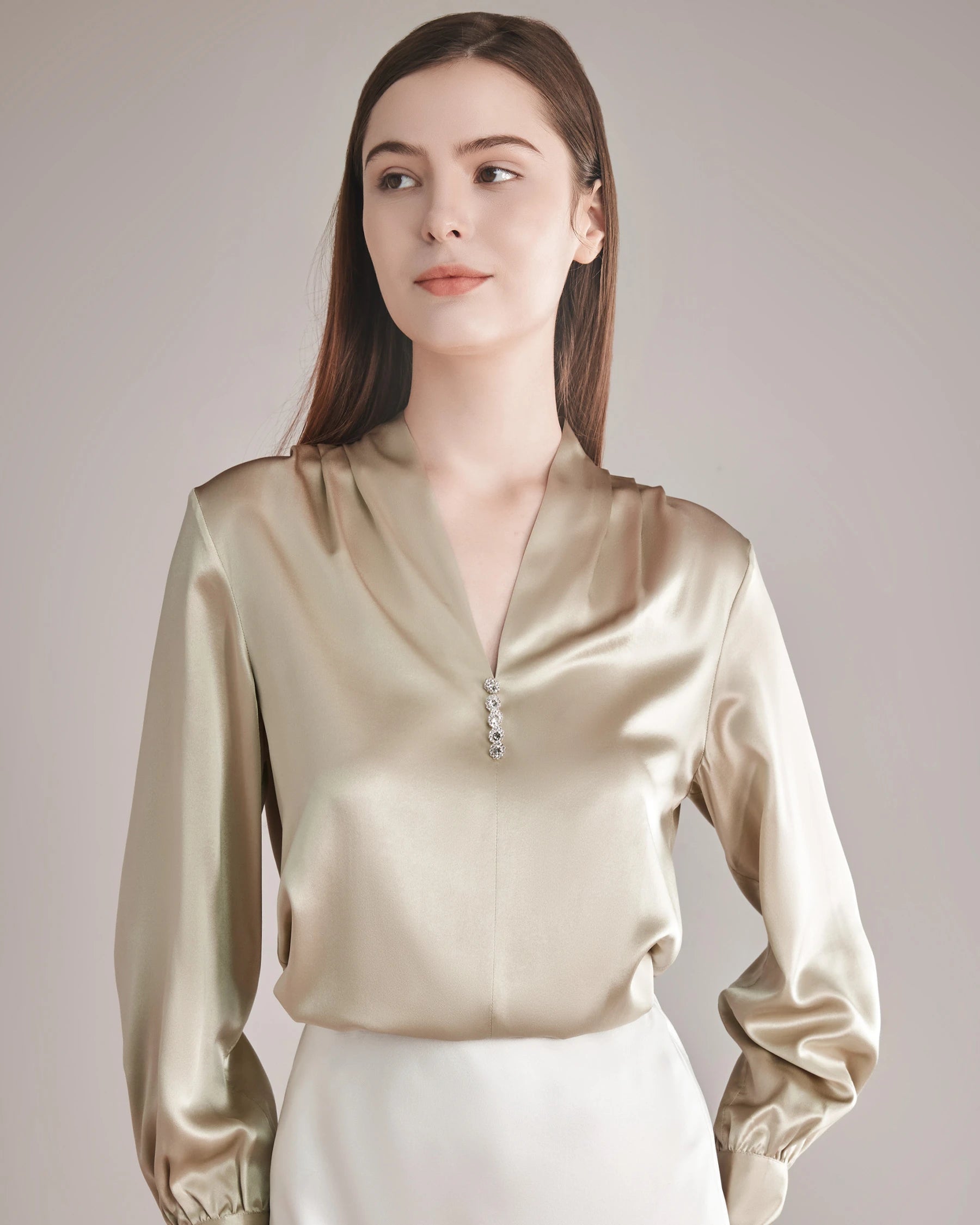 Silk Blouse V-neck Shirt Top for Women Champagne