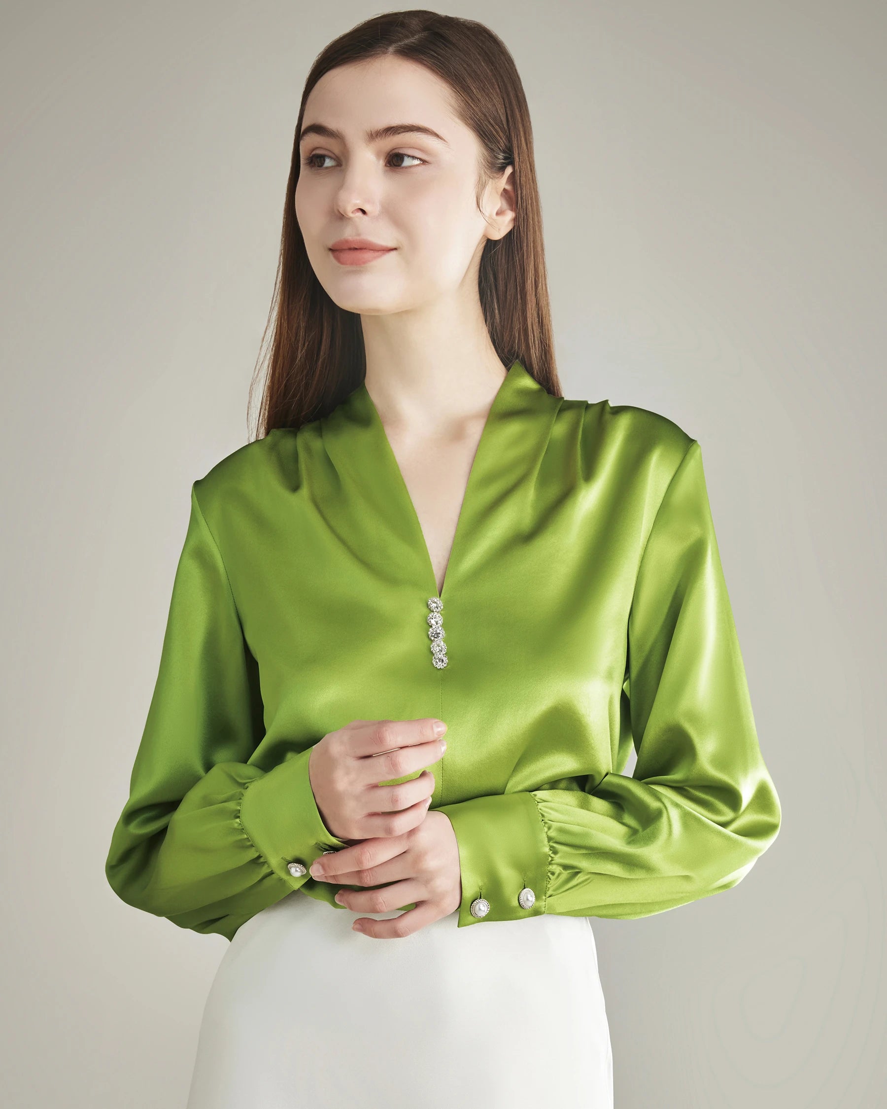 Women's Rhinestone Buttons Silk Blouse, Mustard Green
