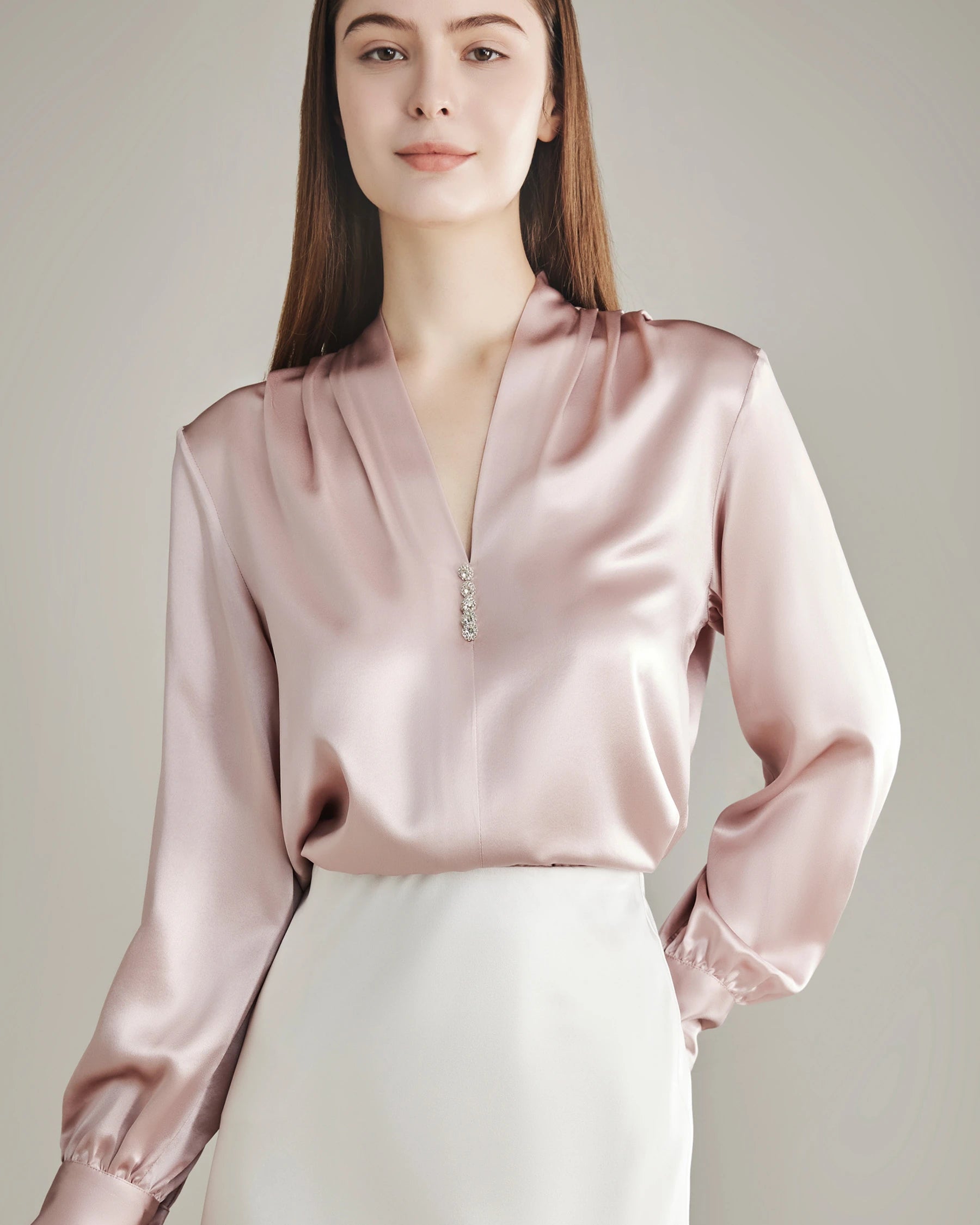 Silk Blouse V-neck Shirt Top for Women Rose Pink