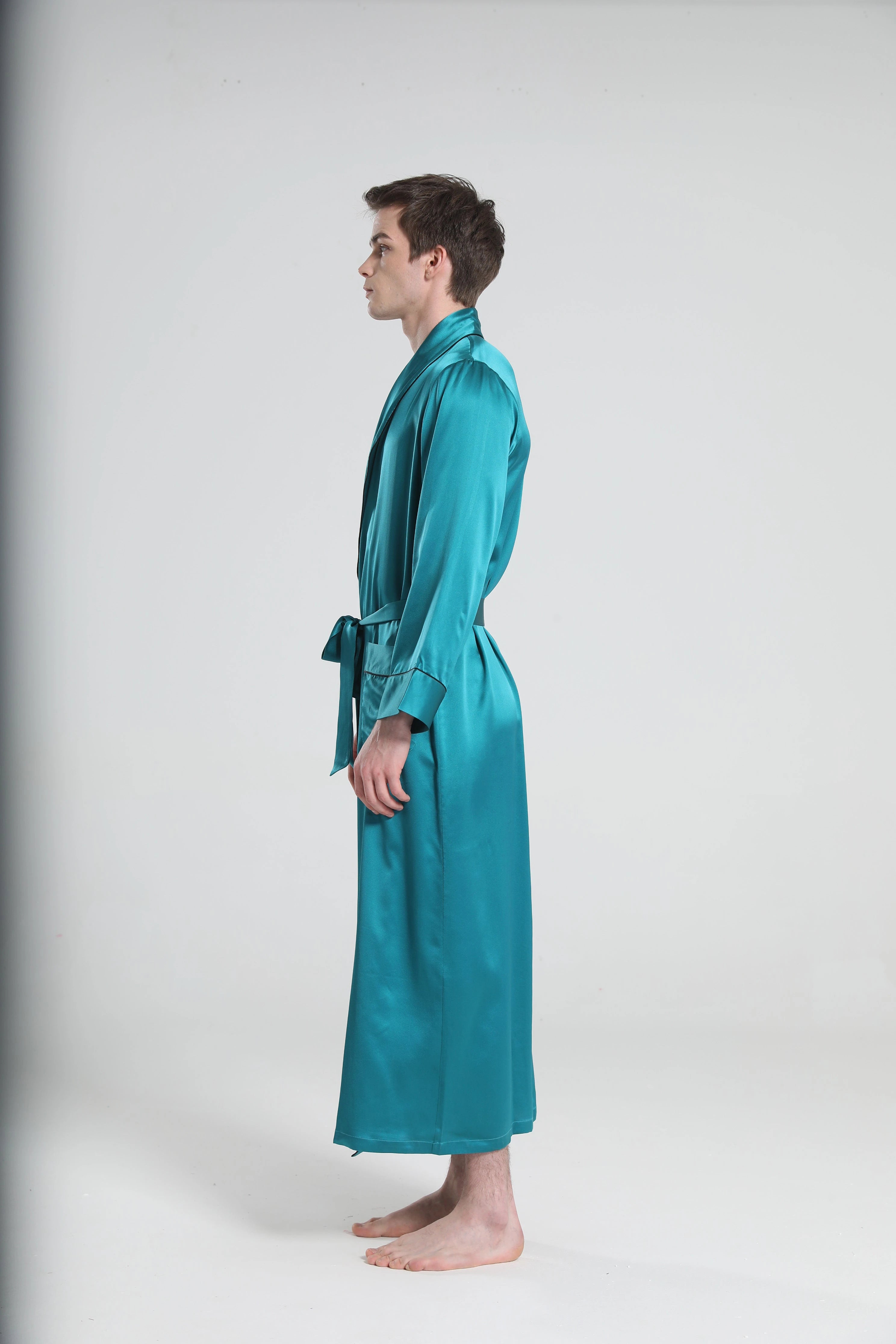 22 Momme Silk Robe Pajamas For Men, Peacock Blue