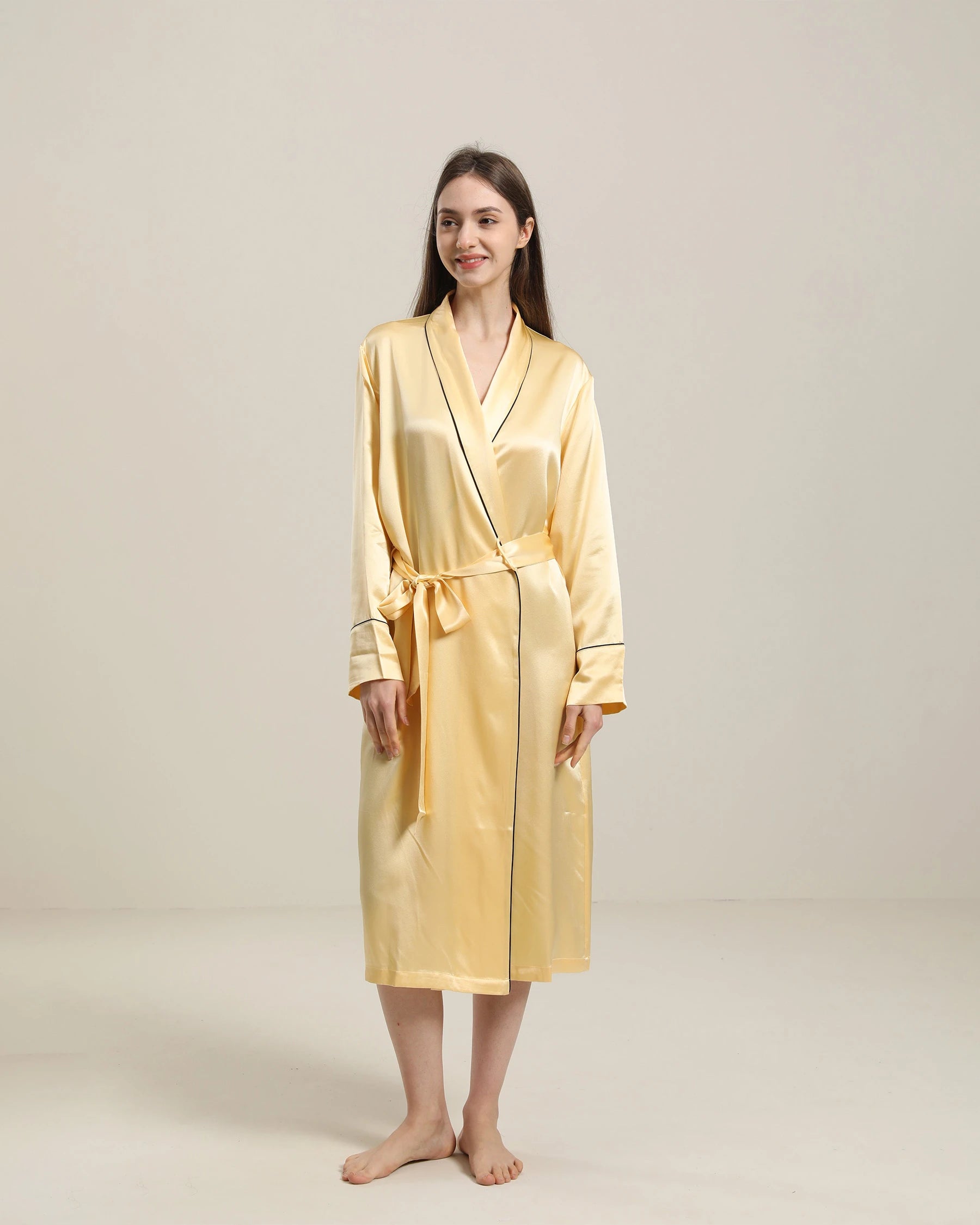 22 Momme Contra Trim And Full Length Silk Robe, Gold