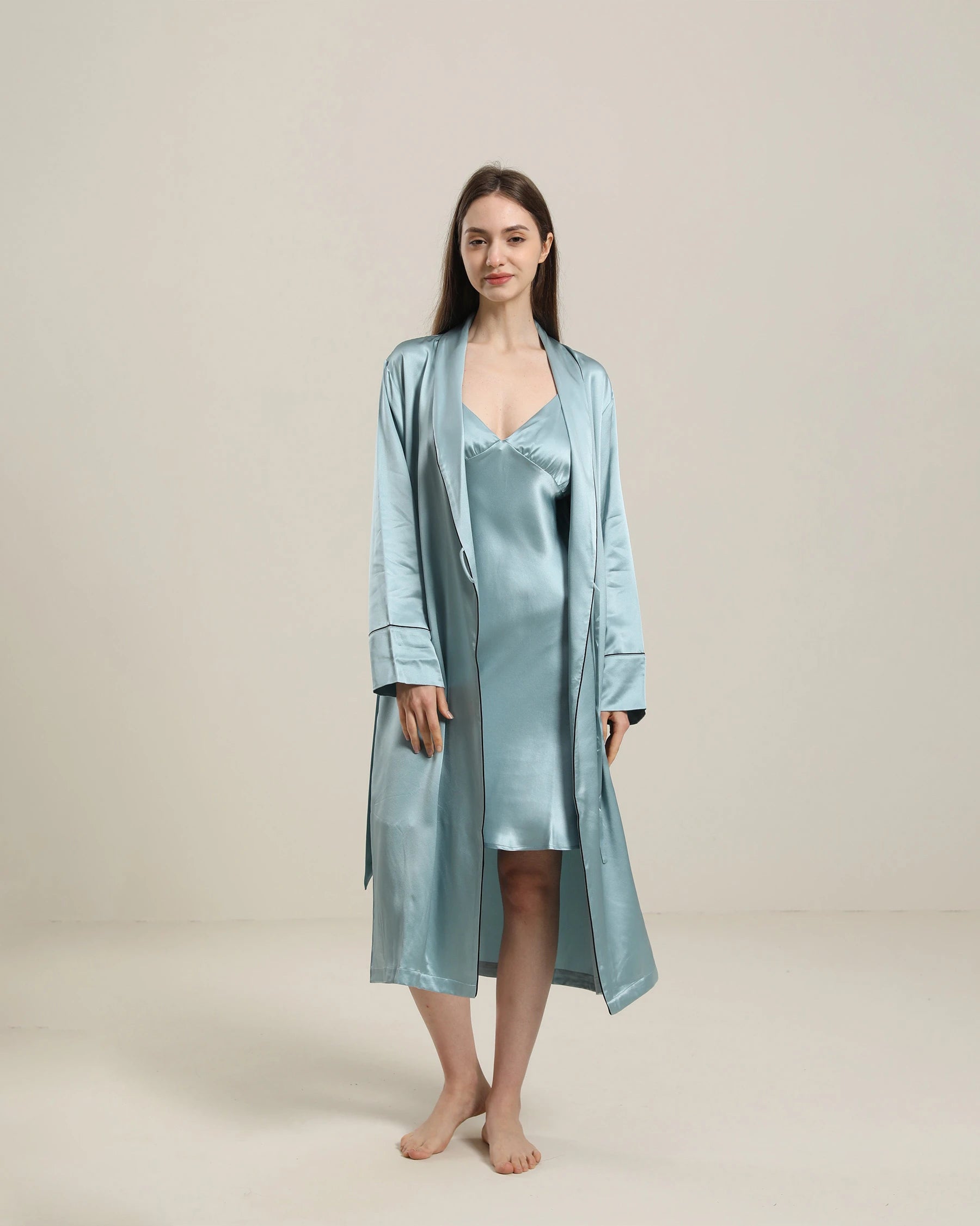 22 Momme Contra Trim And Full Length Silk Robe, Haze Blue