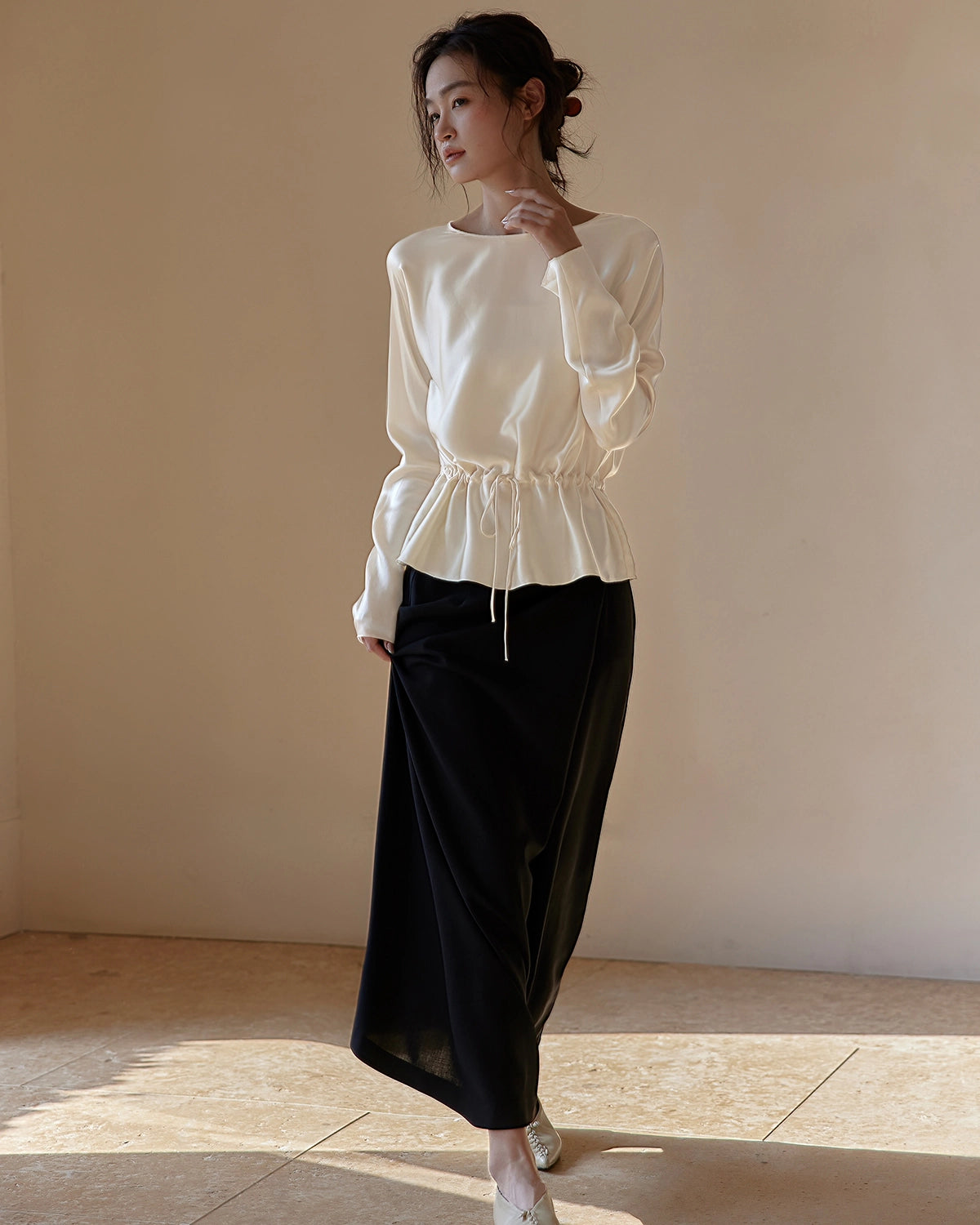Elegant Drawstring Waist Silk Blouse, Cream