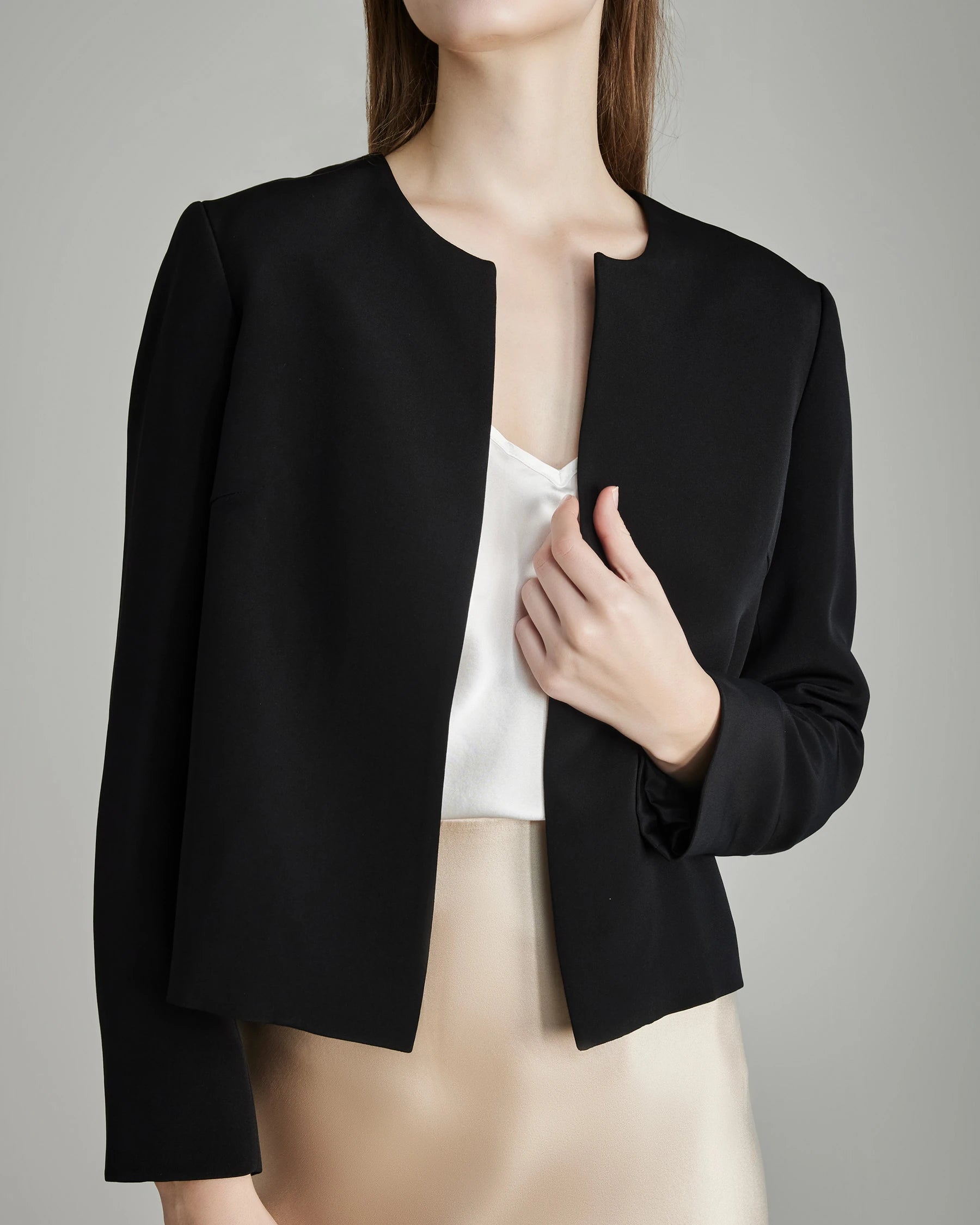 40 Momme Open Front Silk Blazer, Black
