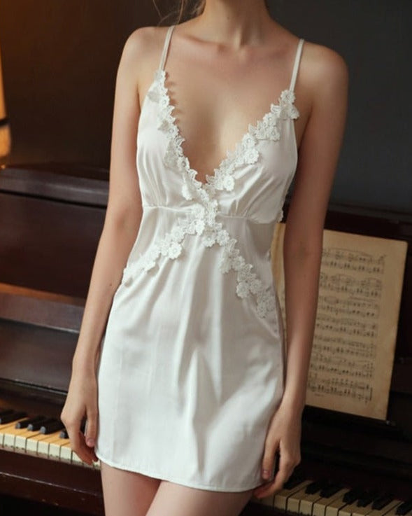 Backless Tie Silk Nightdress, White