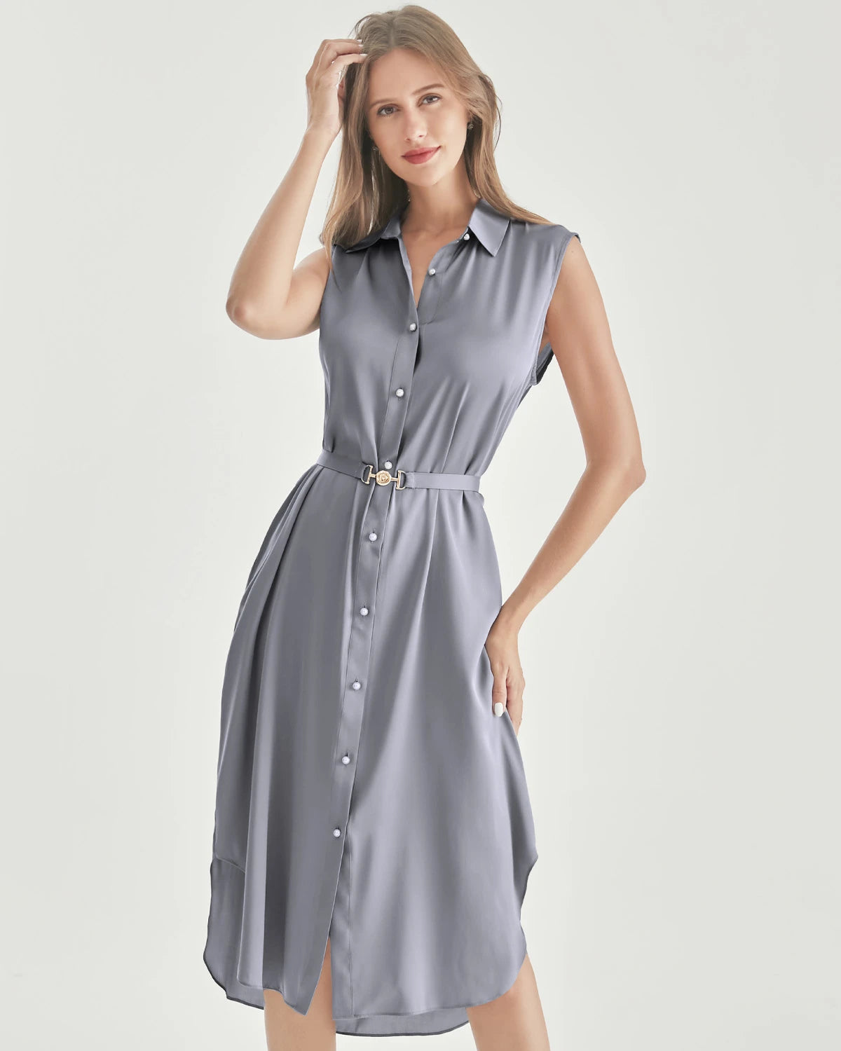 Belted Shirt Dress Sleeveless Silk Dress, Grey