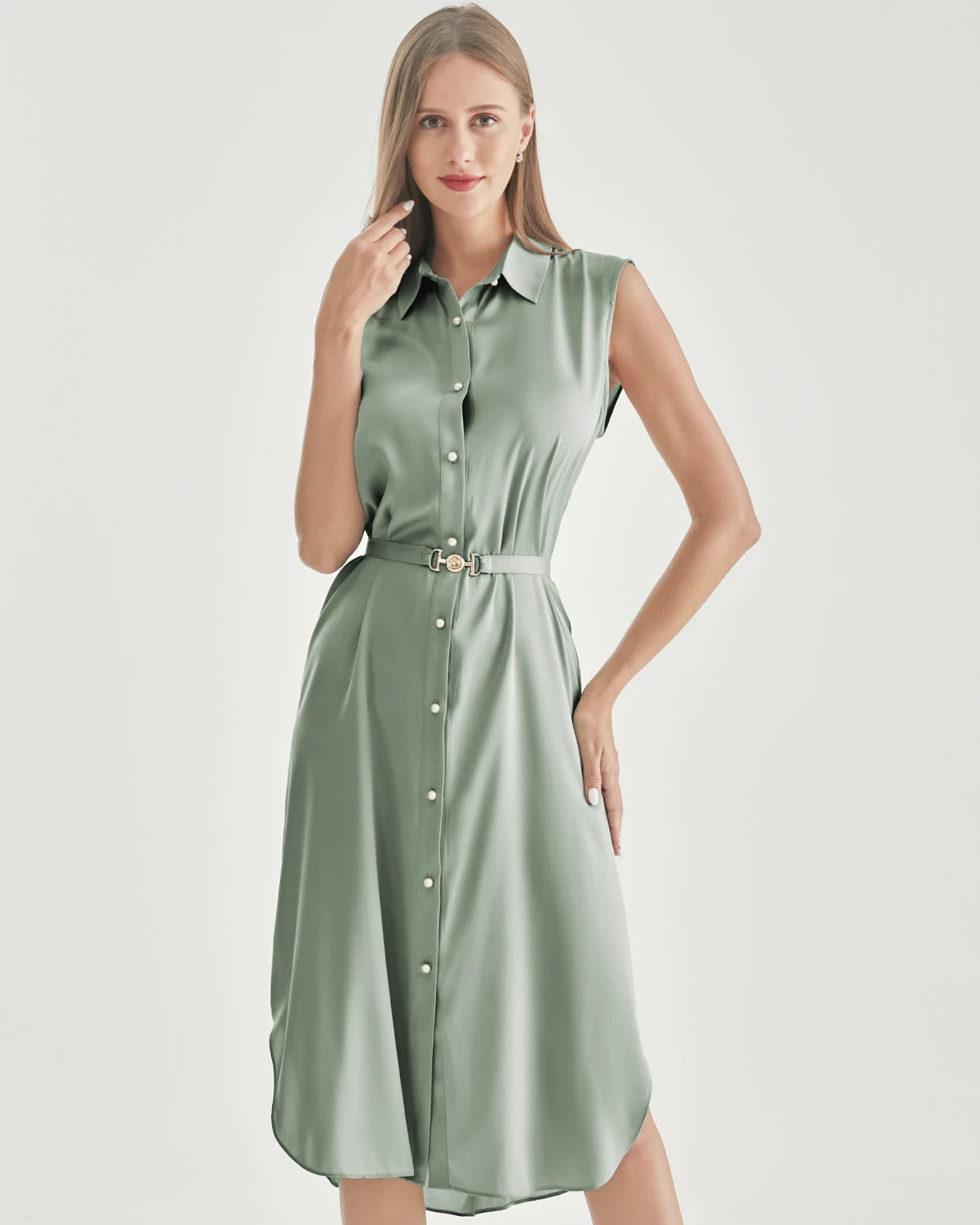 Belted Shirt Dress Sleeveless Silk Dress, Light Green
