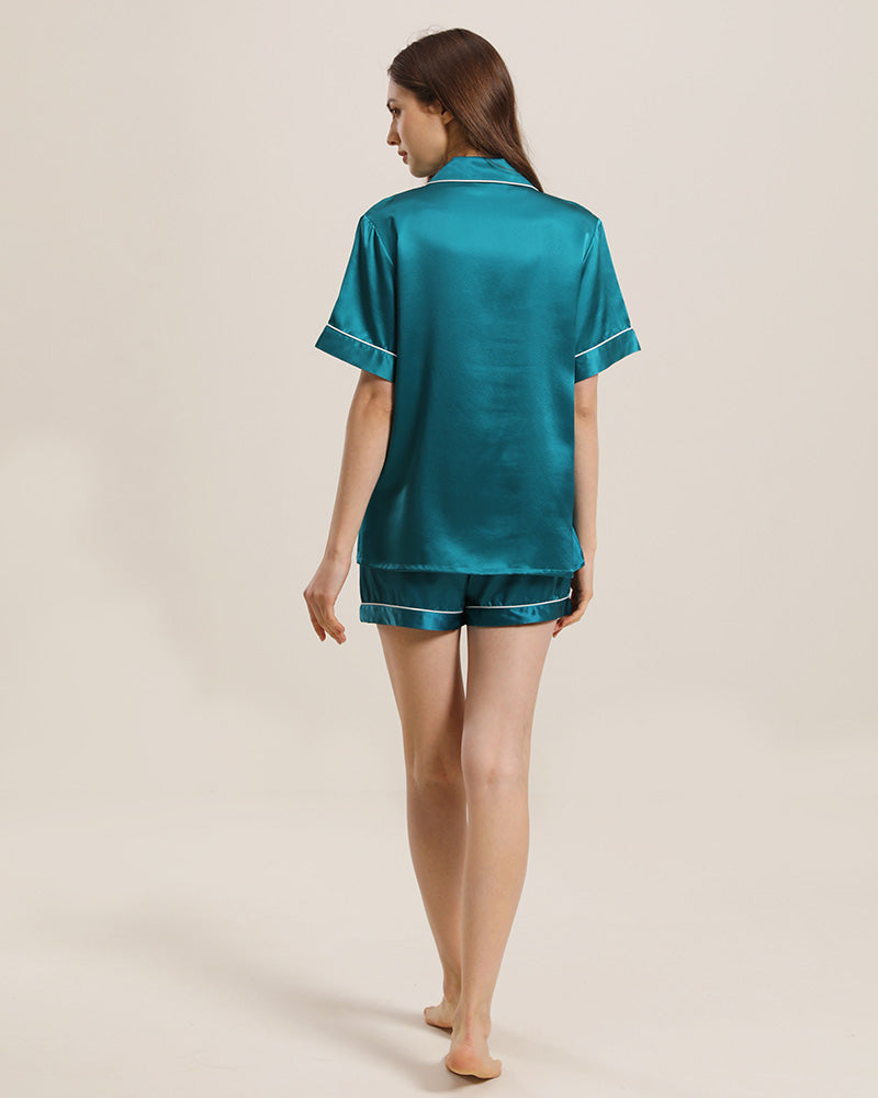 Button Up Silk Short Pajama Set Peacock Blue
