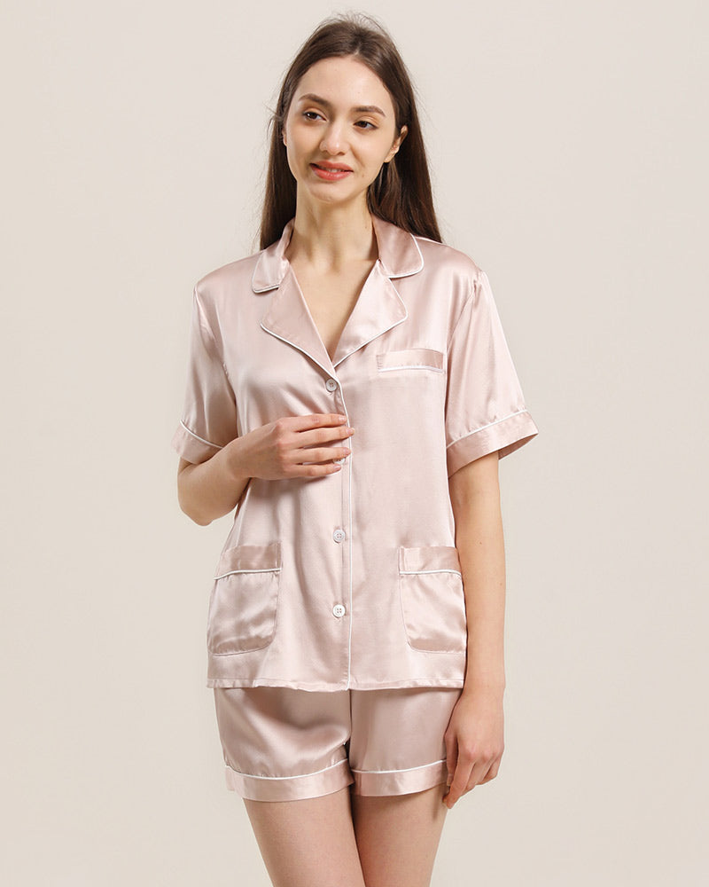 Button Up Silk Short Pajama Set Pink