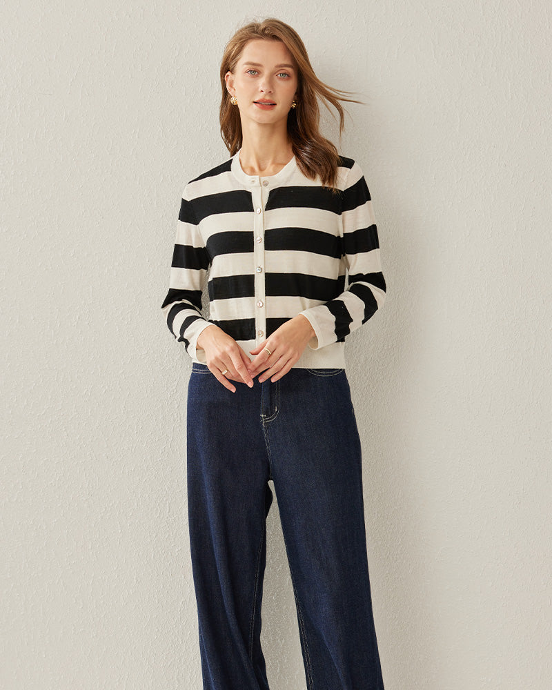 Striped Button Up Cashmere Cardigan - DAISYSILK