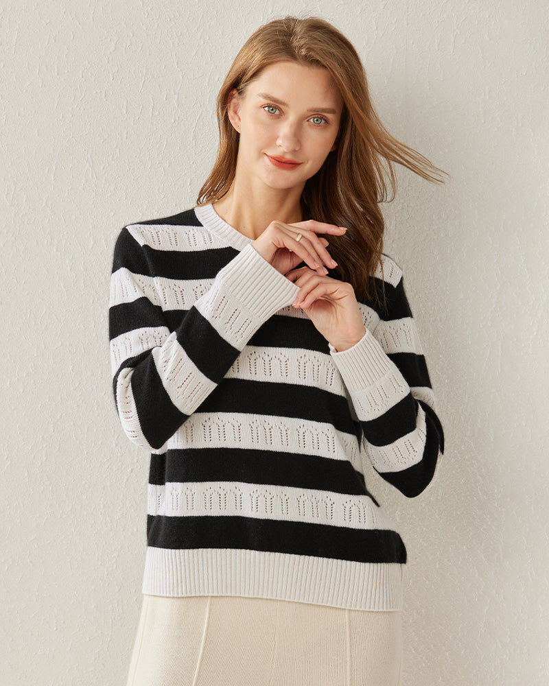 Crew Neck Stripe Cashmere Sweater - DAISYSILK