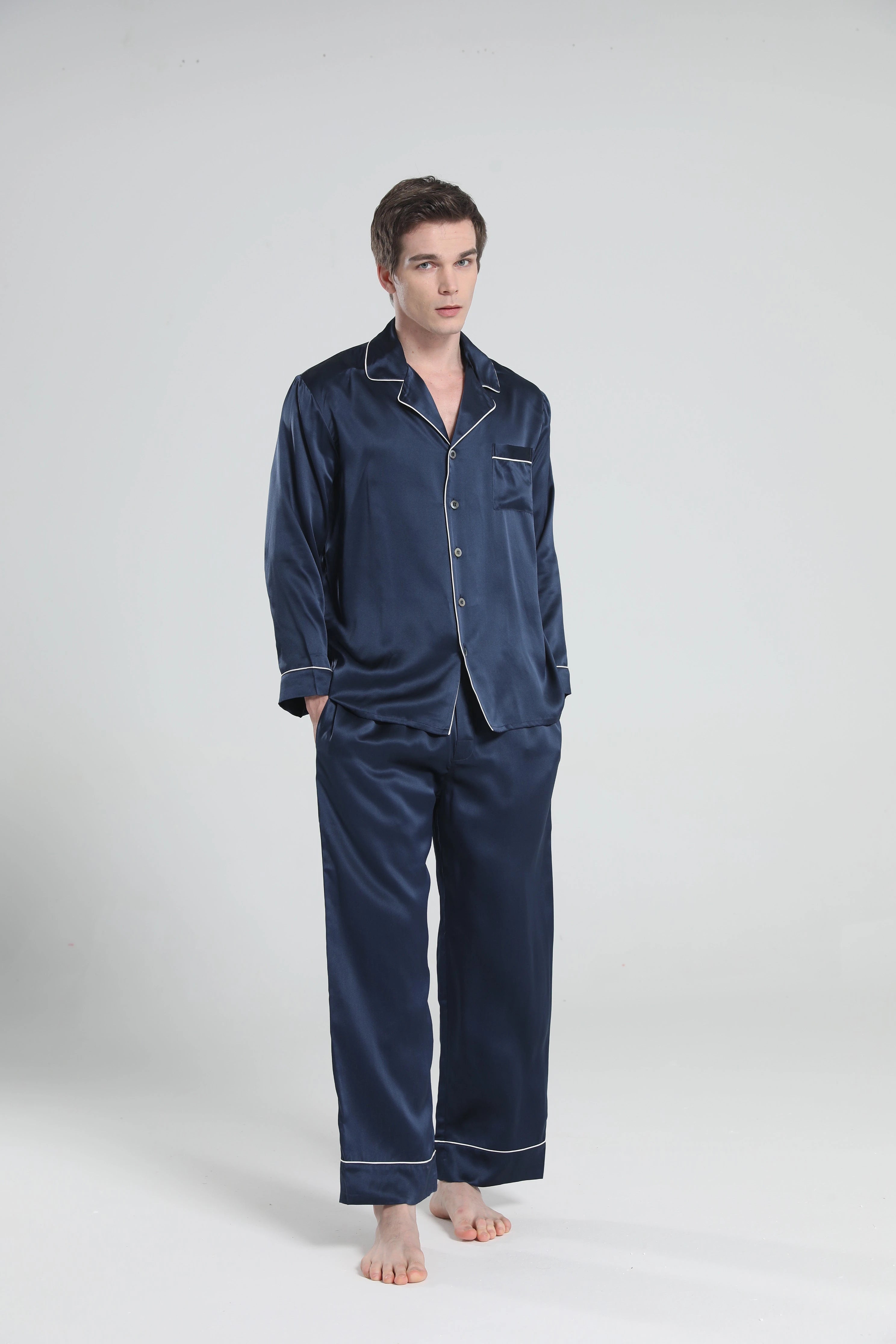 Casual Lapel Collar Silk Pajamas Set for Men, Navy