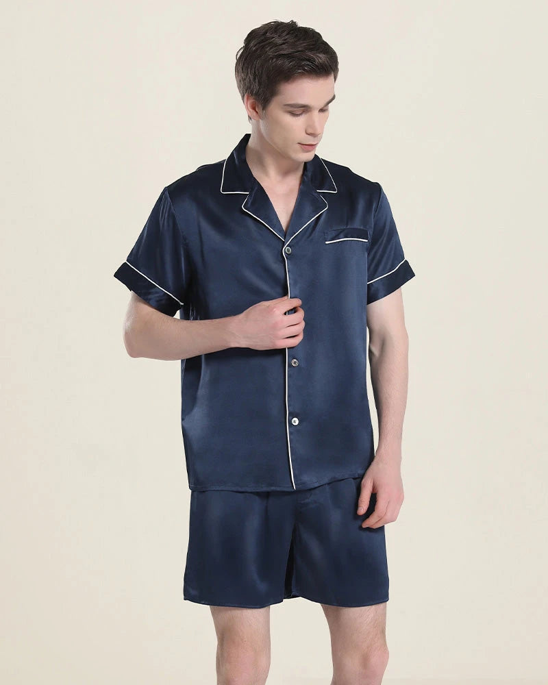 Casual Silk Short Pajamas For Men, Navy