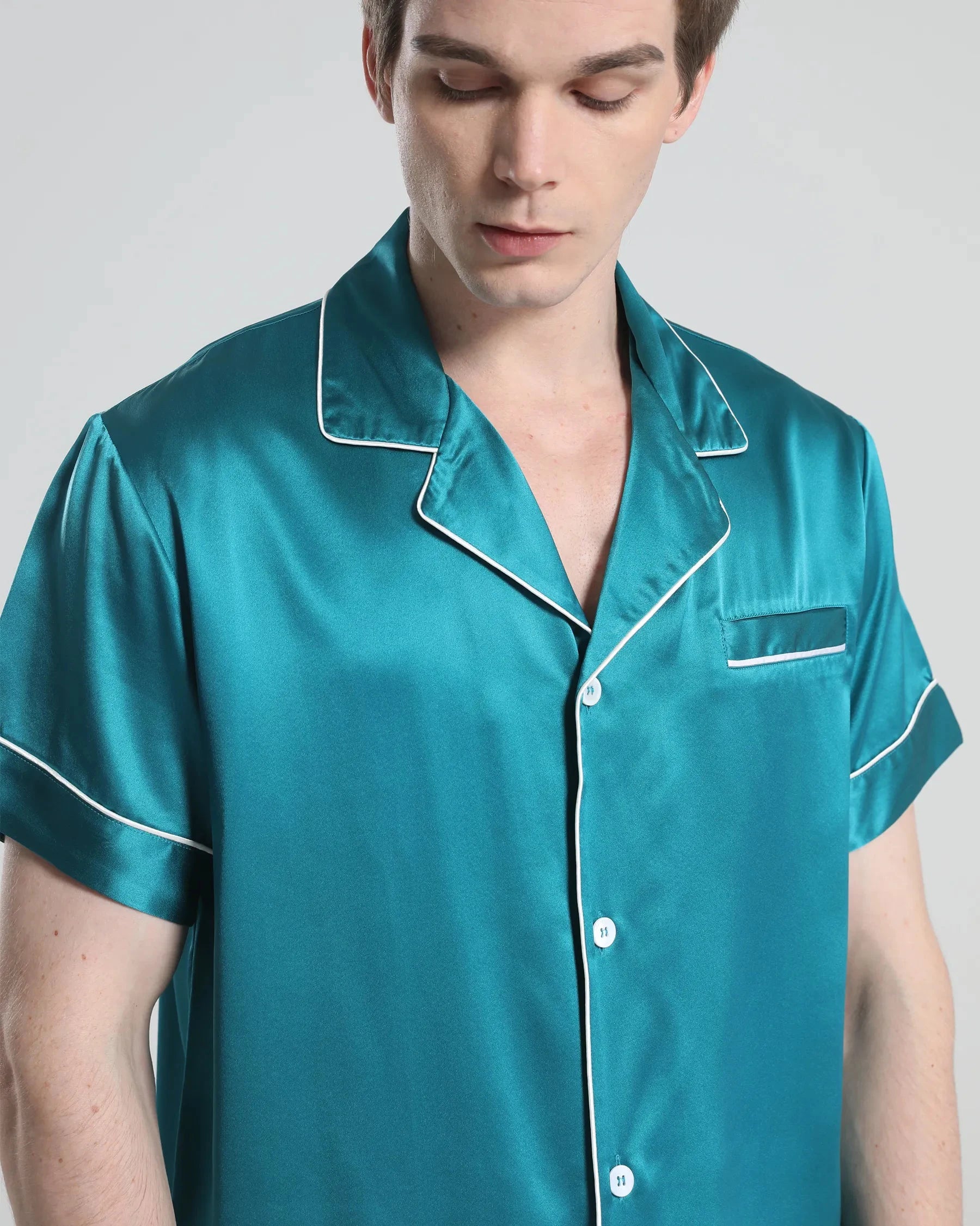 Casual Silk Short Pajamas For Men, Peacock Blue