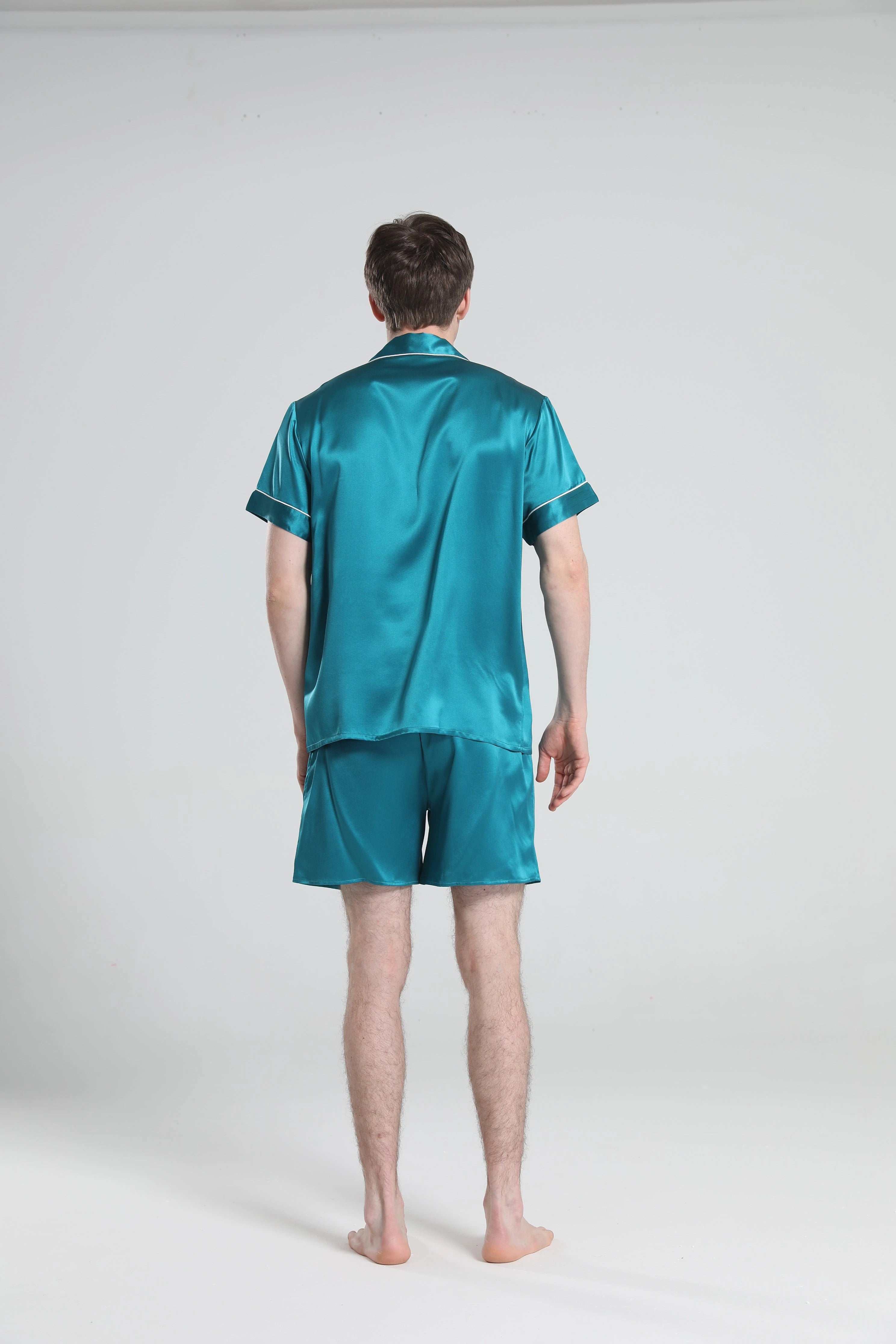 Casual Silk Short Pajamas For Men, Peacock Blue