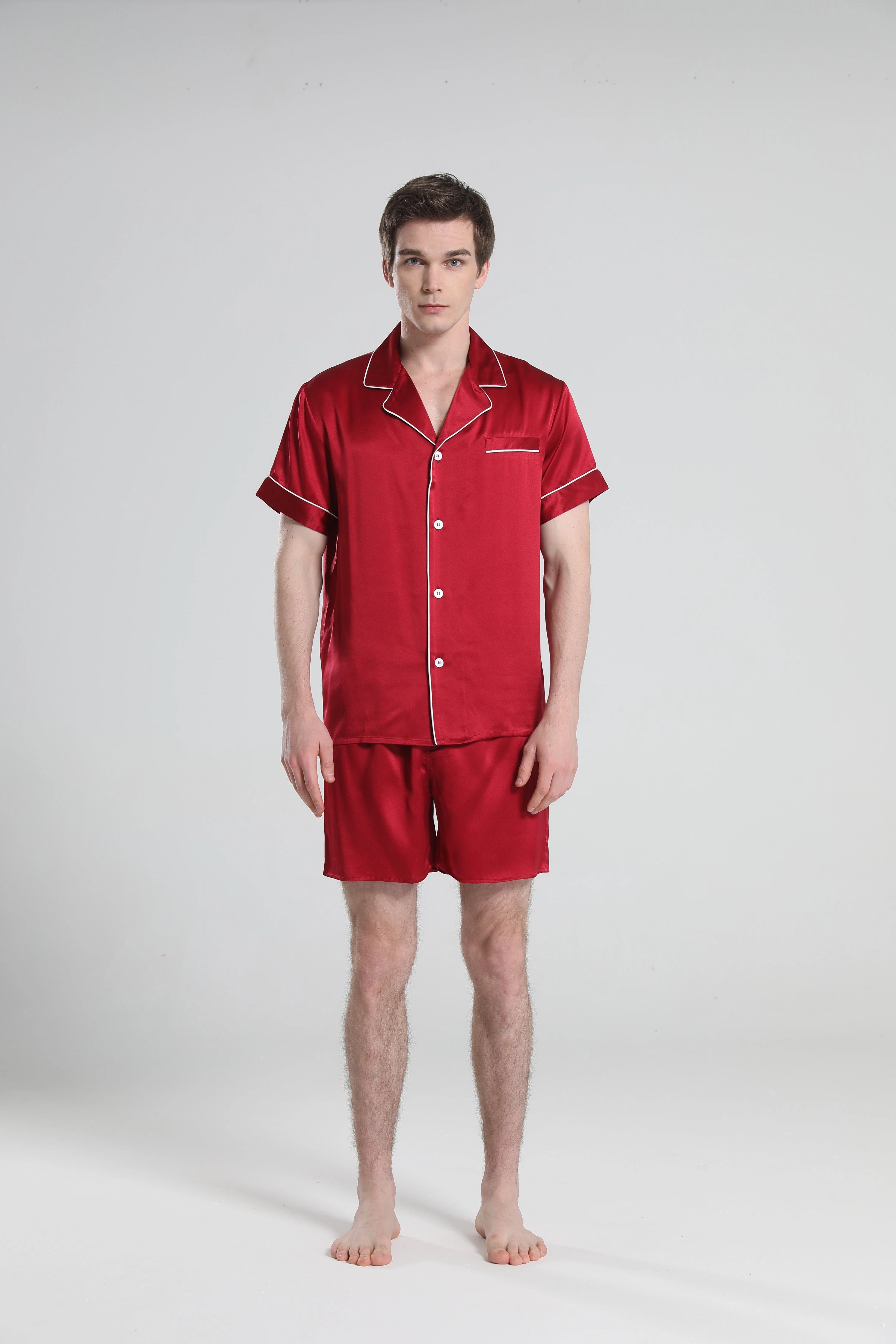 Casual Silk Short Pajamas For Men, Red