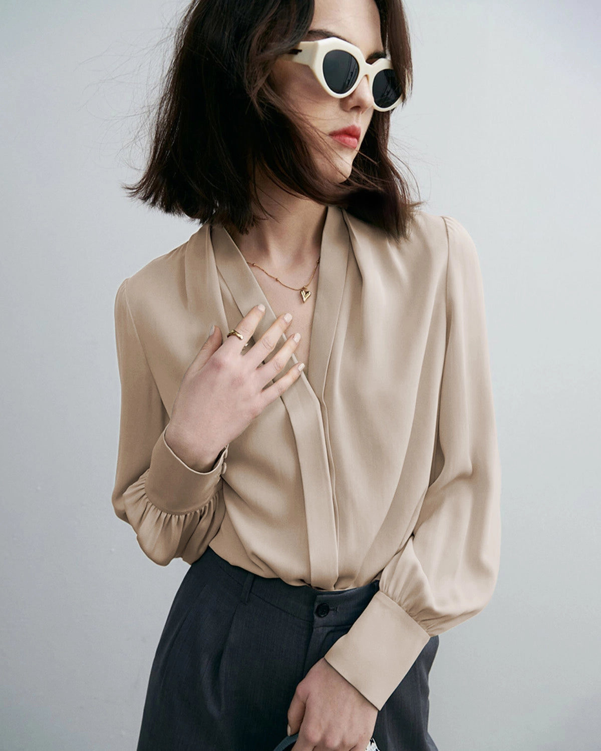 Chic Deep V-Neck Silk Blouse, Camel