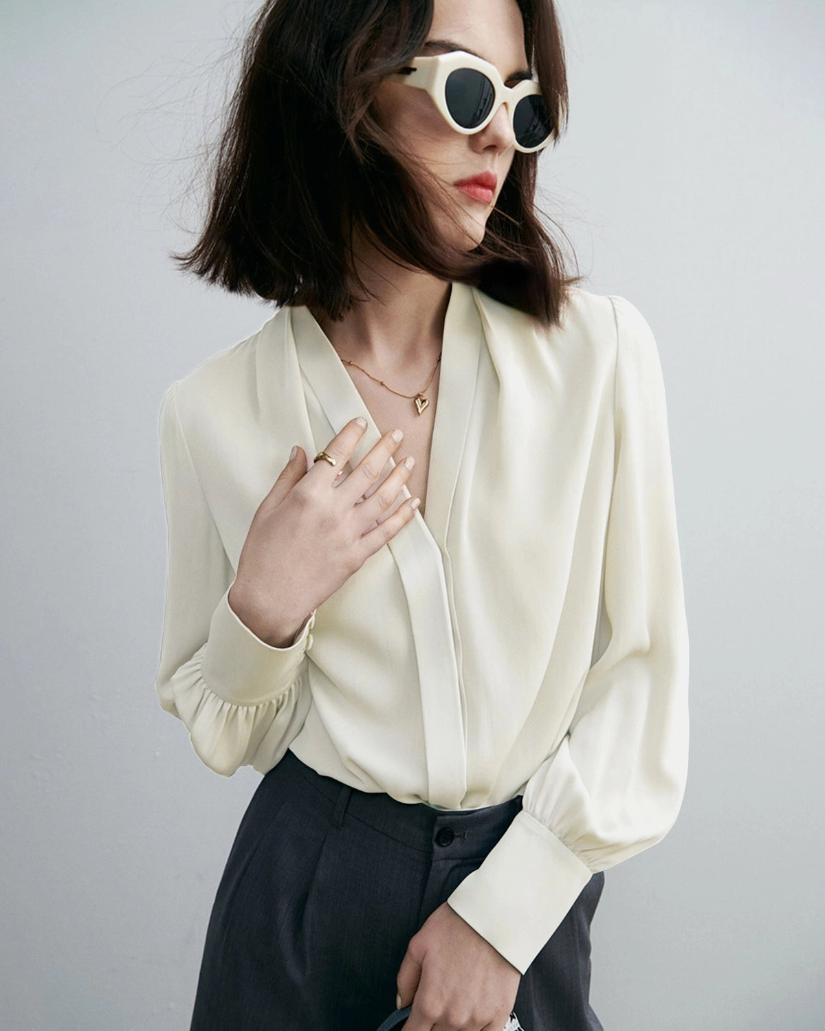 Chic Deep V-Neck Silk Blouse, Dark Cream