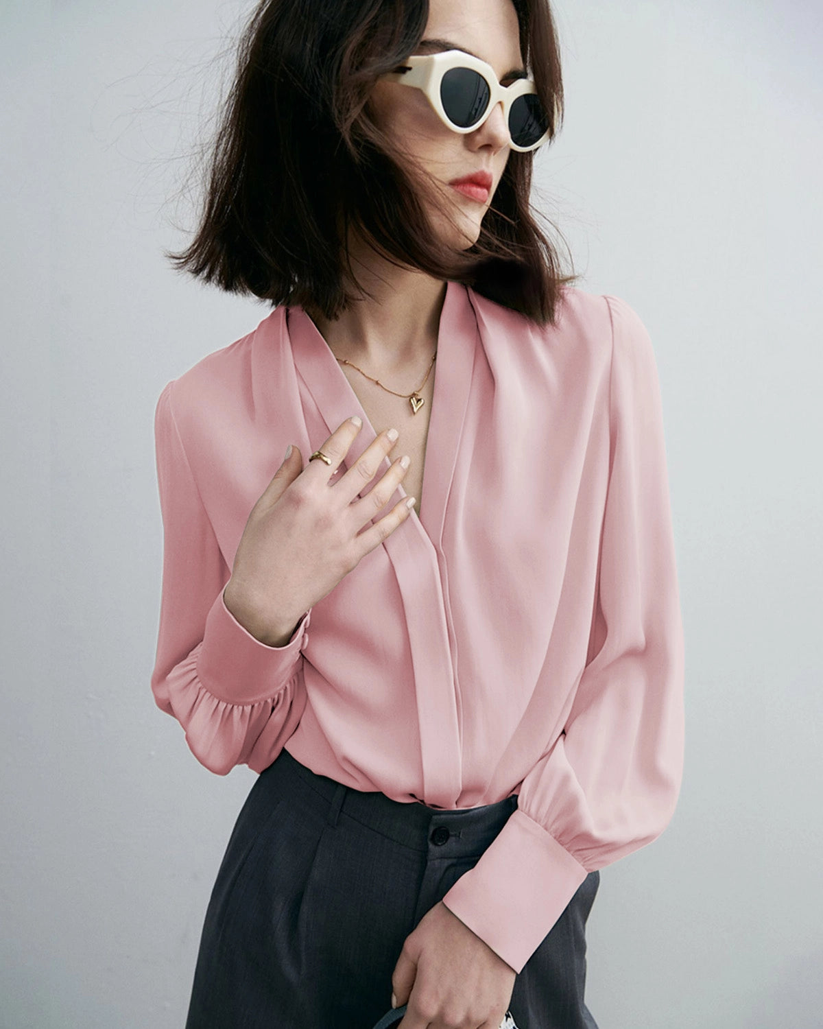 Chic Deep V-Neck Silk Blouse, Pink