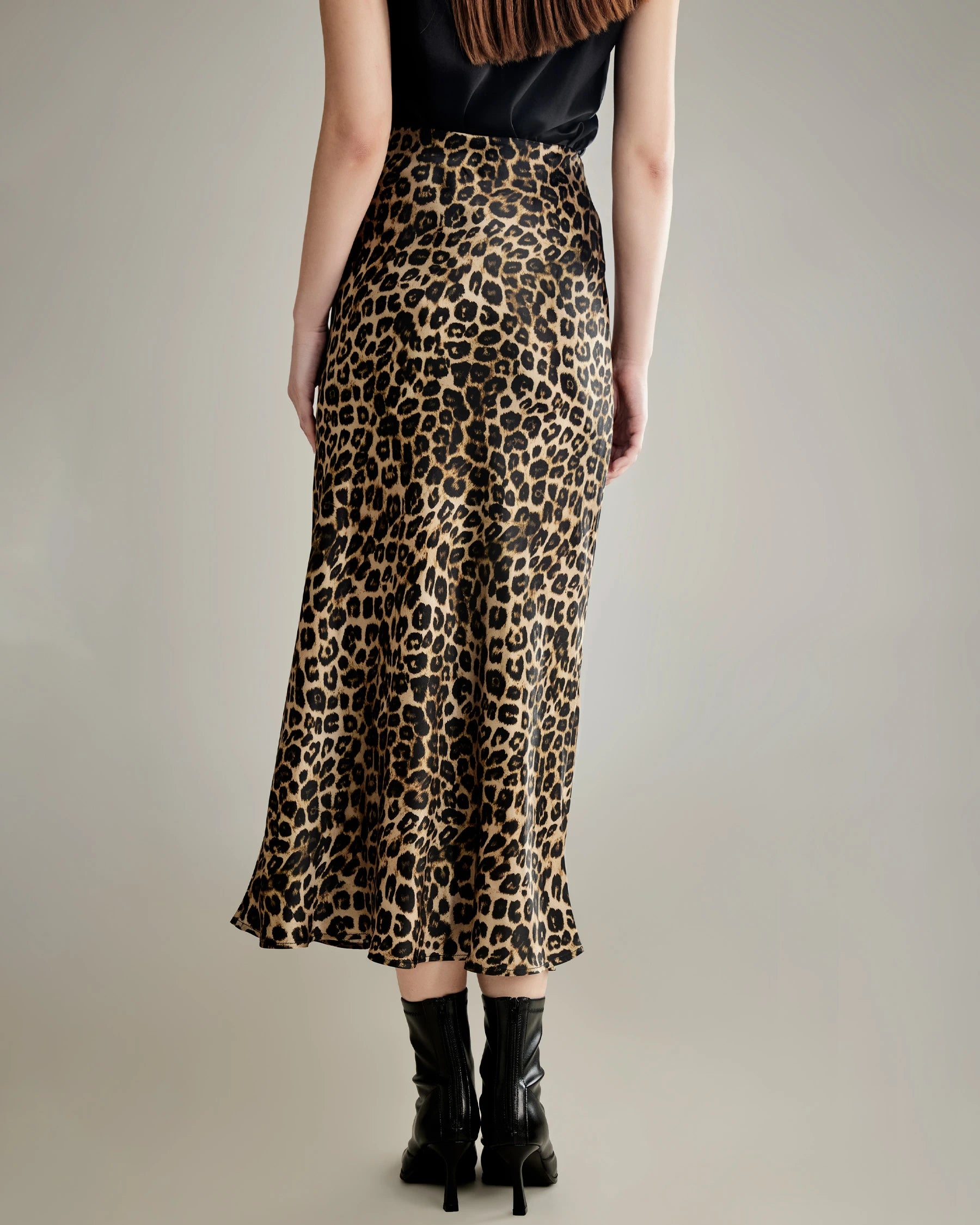 Classic Leopard Print Maxi Silk Skirt, Champagne