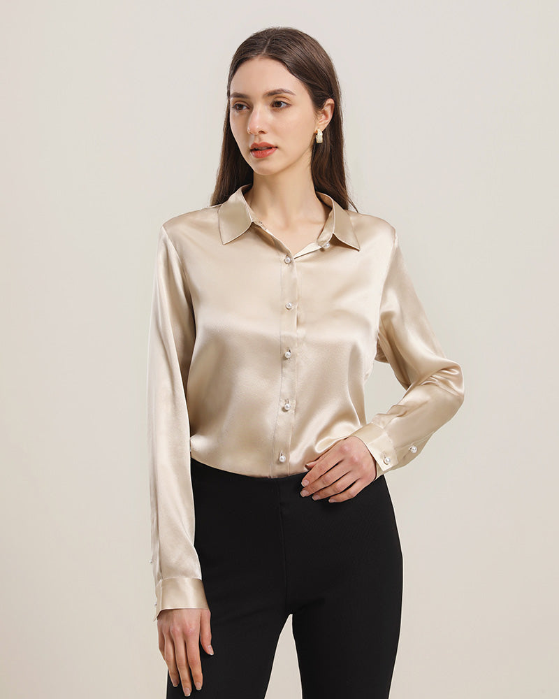 Classic Pearl Button Silk Shirt For Women Champagne