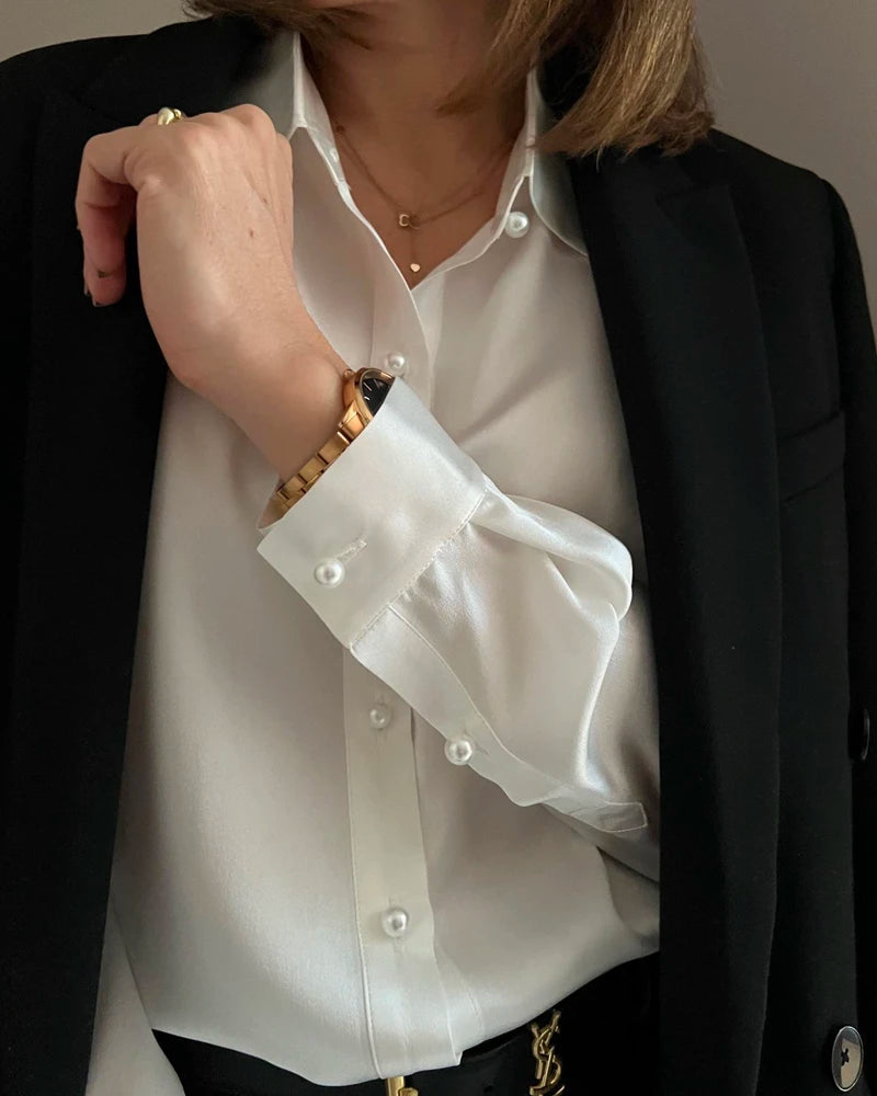 Classic Pearl Button Silk Shirt For Women Ivory