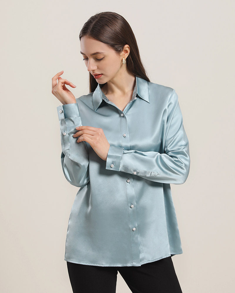 Classic Pearl Button Silk Shirt For Women Blue