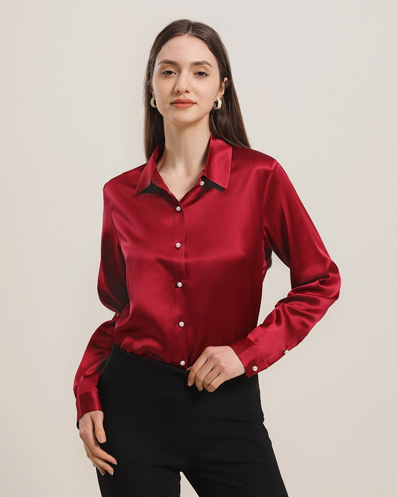 Classic Pearl Button Silk Shirt For Women Burgundy