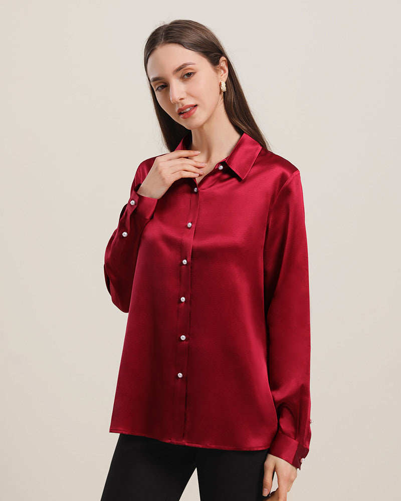 Classic Pearl Button Silk Shirt For Women Burgundy