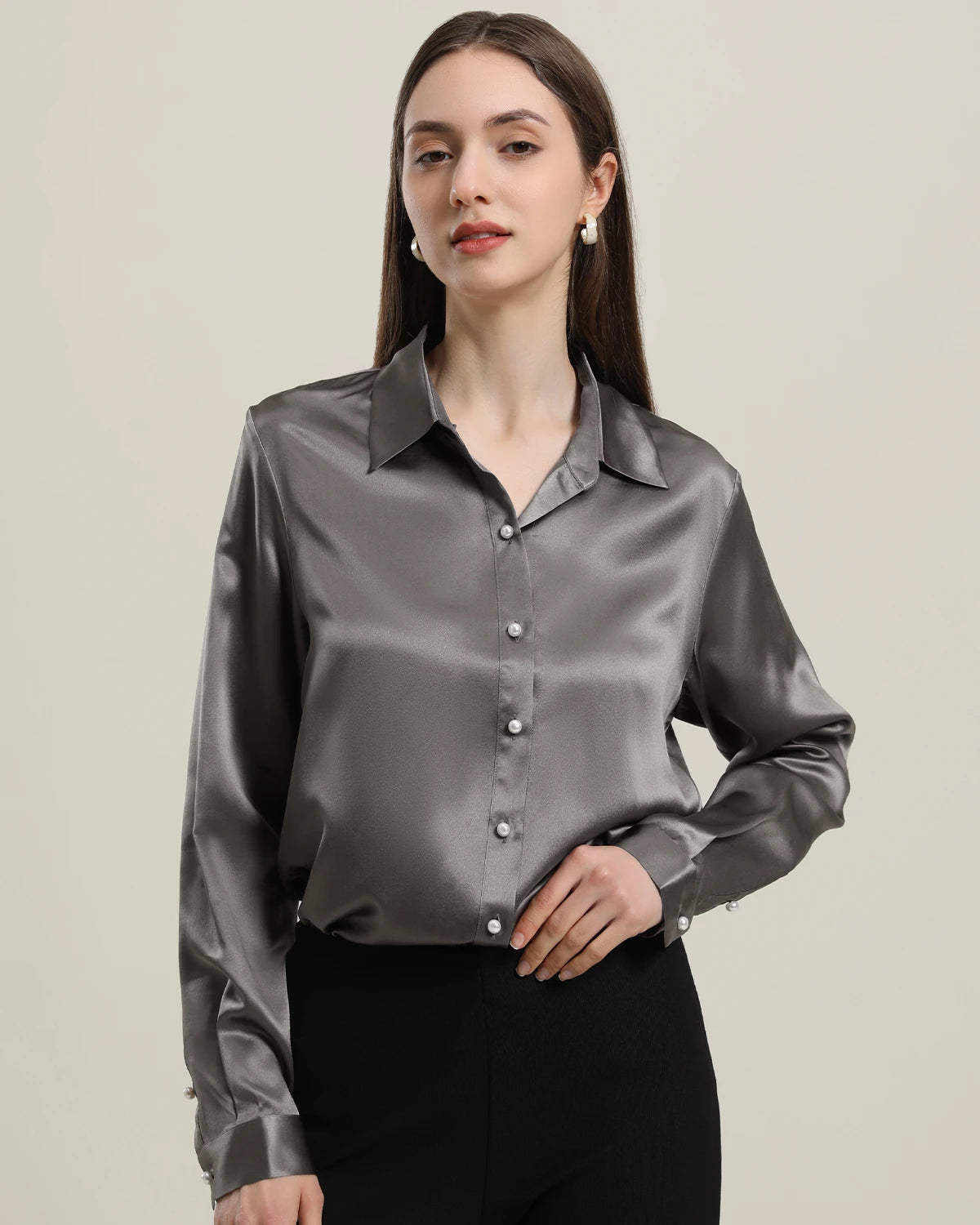 Classic Pearl Button Silk Shirt For Women Dark Grey