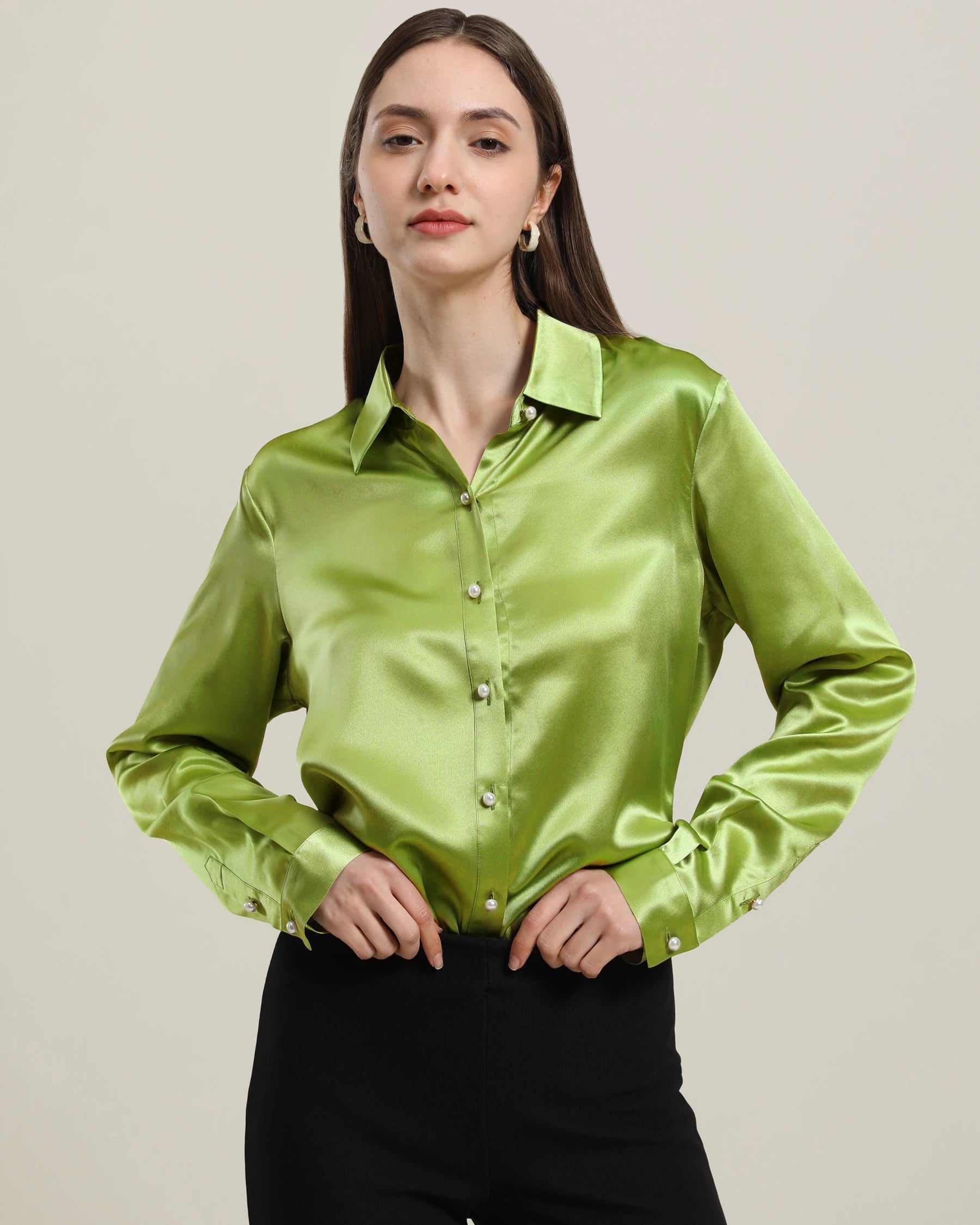 Women's Classic Pearl Button Silk Shirt, Mustard Green
