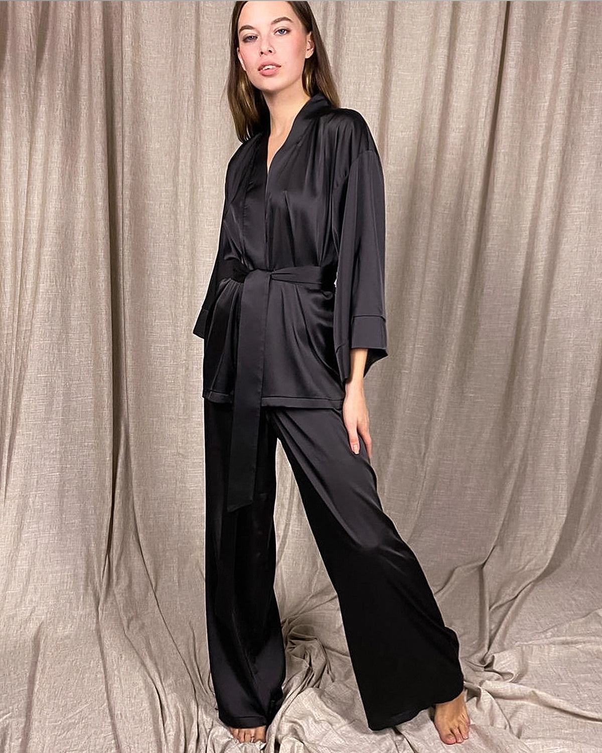 Classic Silk Robe and Pants Set for Women, Black