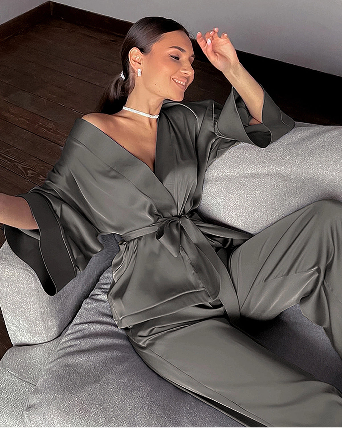 Classic Silk Robe and Pants Set for Women, Dark Grey