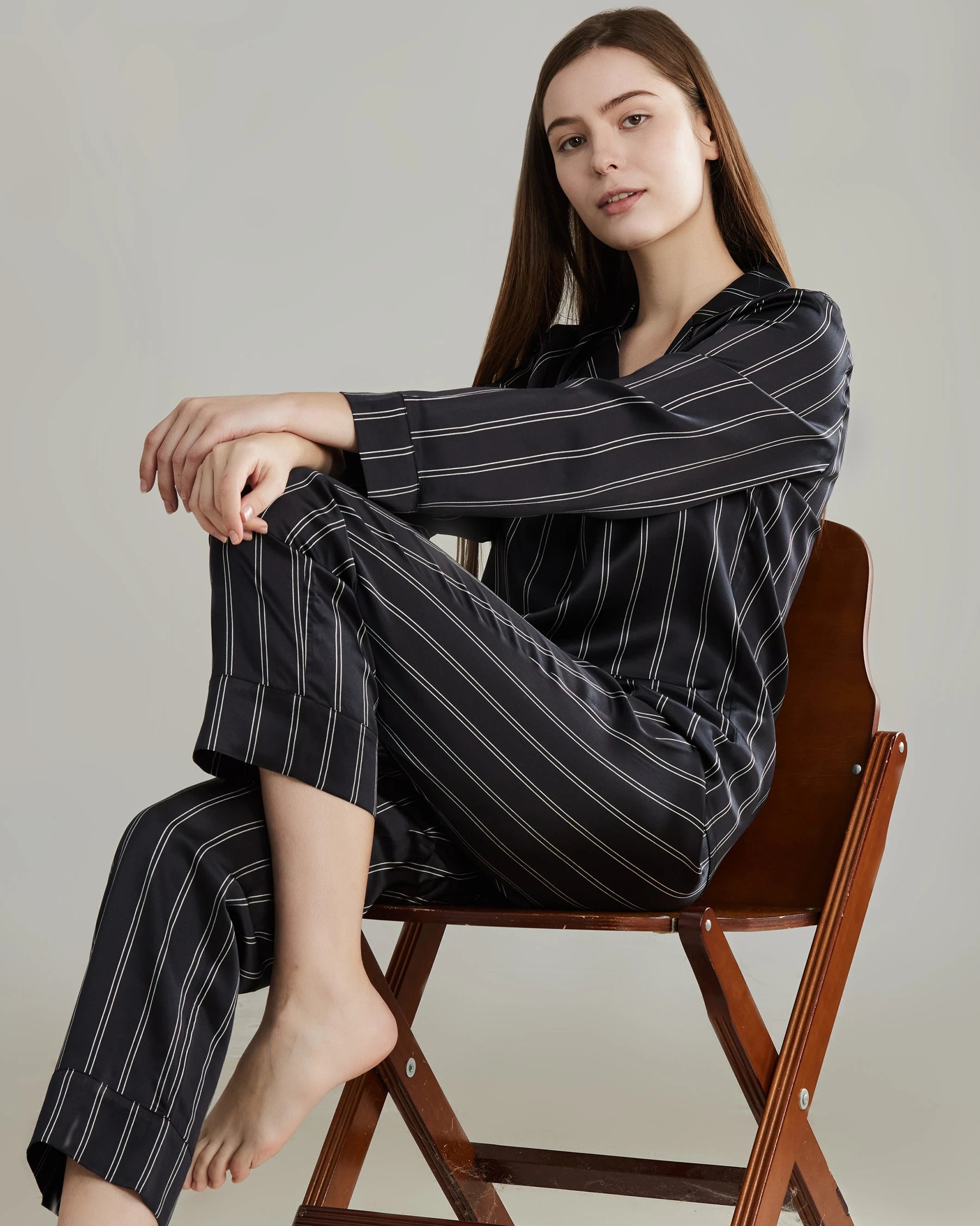 Classic Striped Silk Pajamas Set, Black