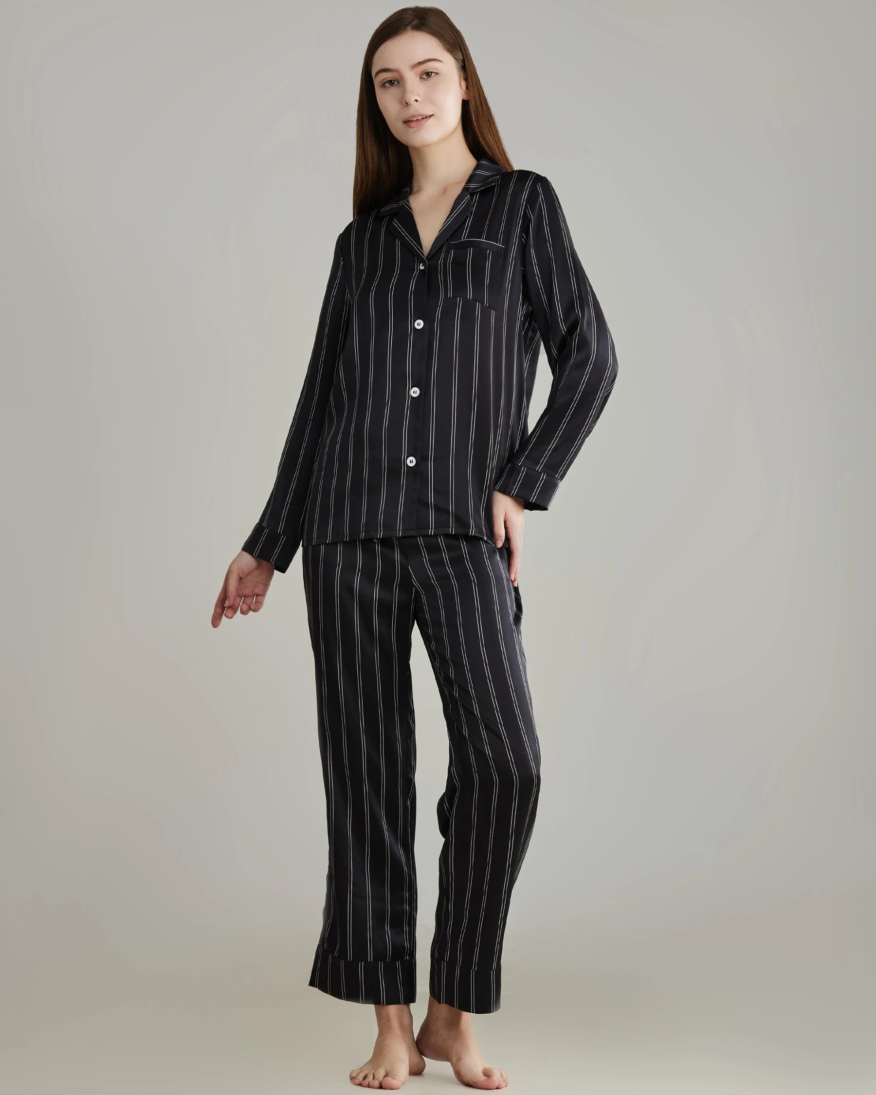 Classic Striped Silk Pajamas Set, Black